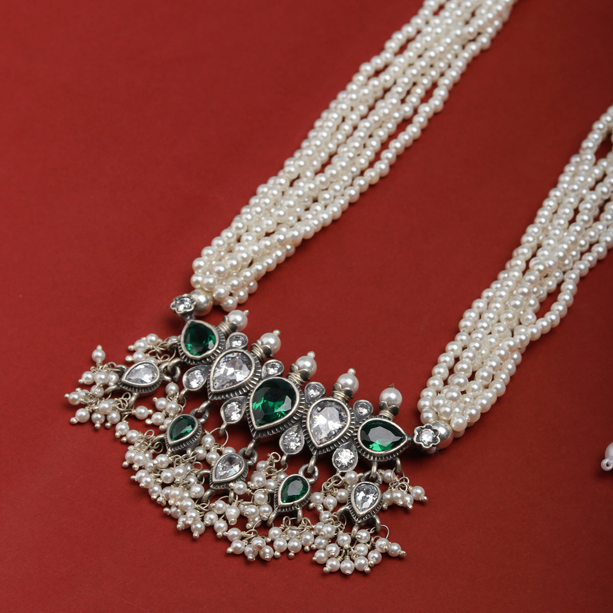 Maharashtrian Tanmani Silver Necklace (Green & White) by Moha