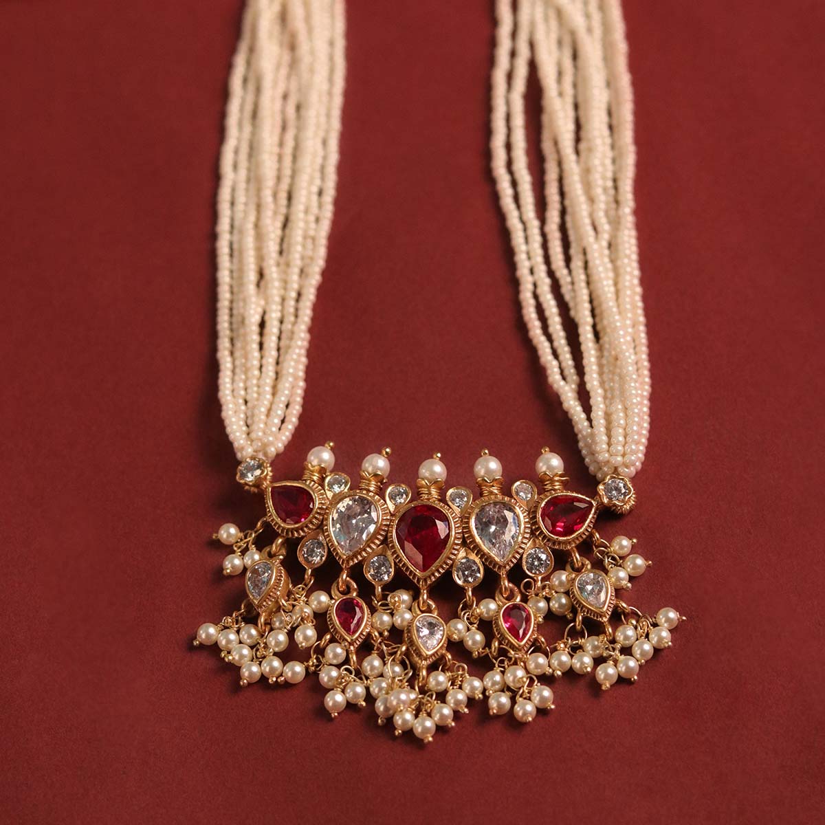 Maharashtrian Tanmani Silver Necklace (Pink & White) Gold Plated by Moha