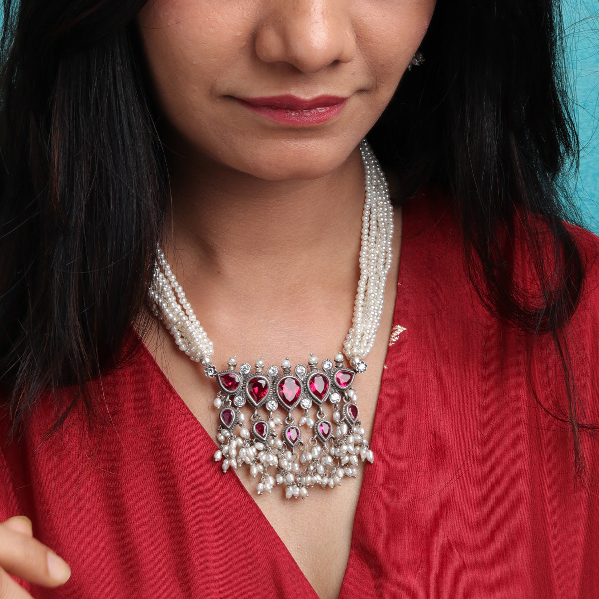 Maharashtrian Tanmani Silver Necklace (Pink) by Moha