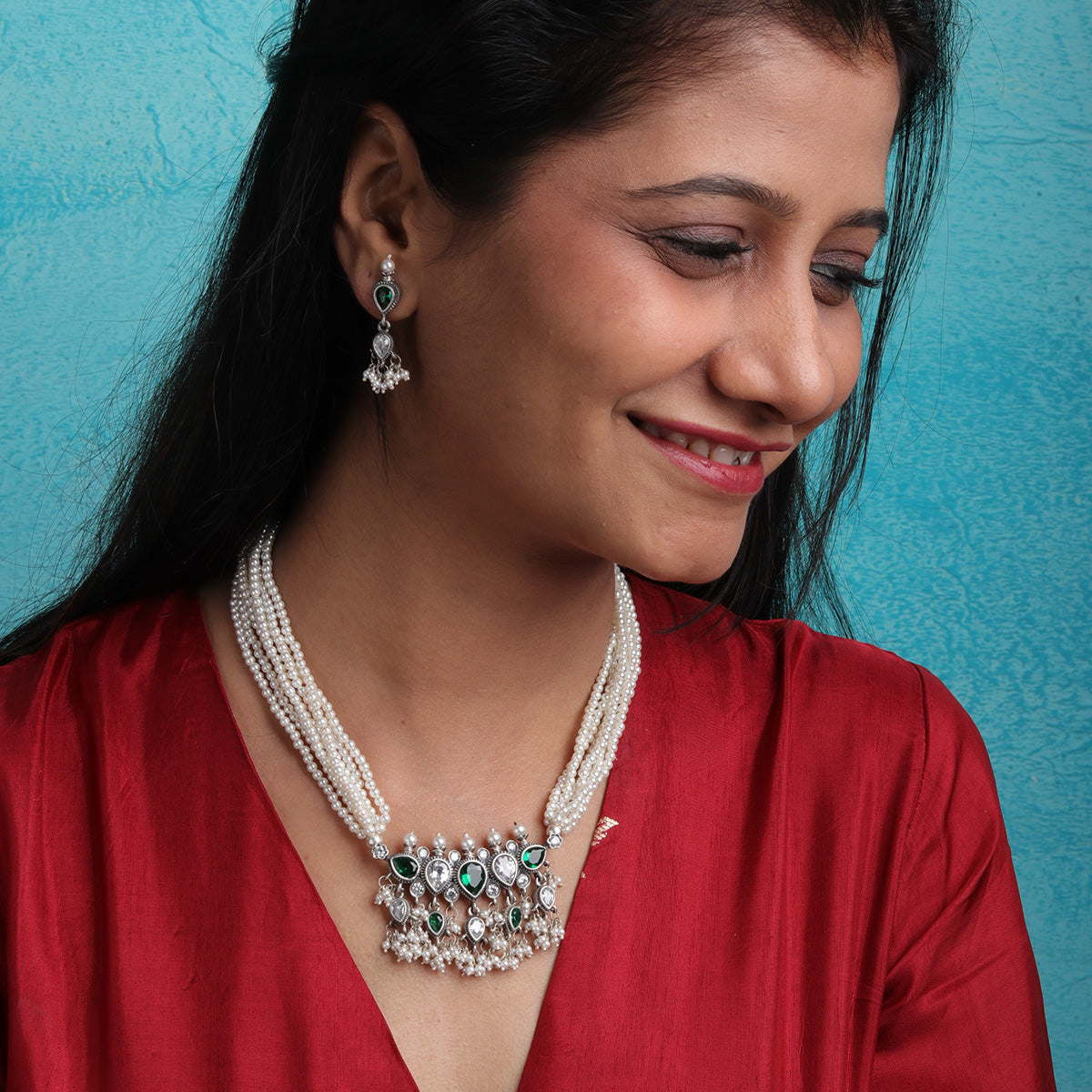 Maharashtrian Tanmani Silver Necklace (Green & White) by Moha