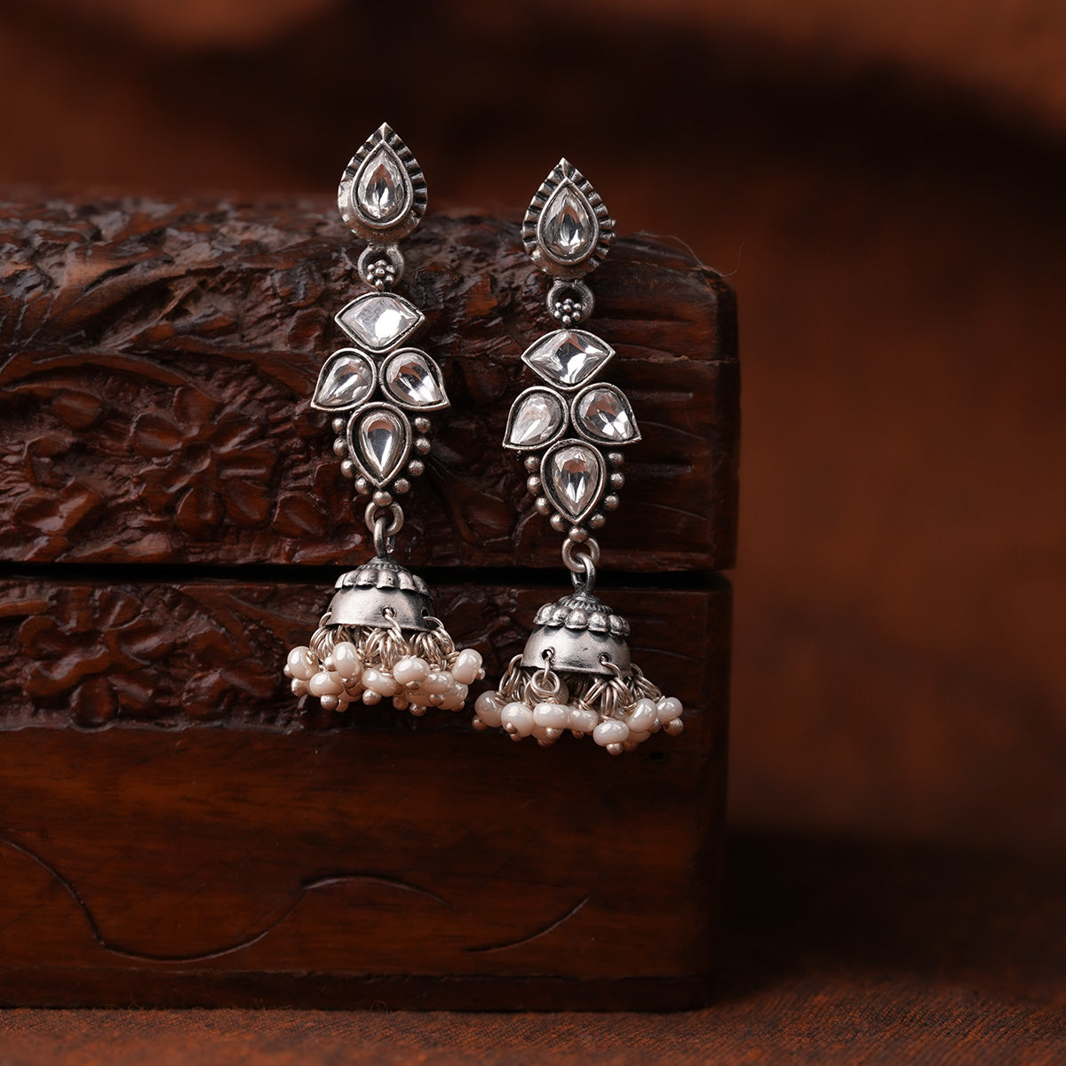 sitara moti silver jhumar earrings by moha