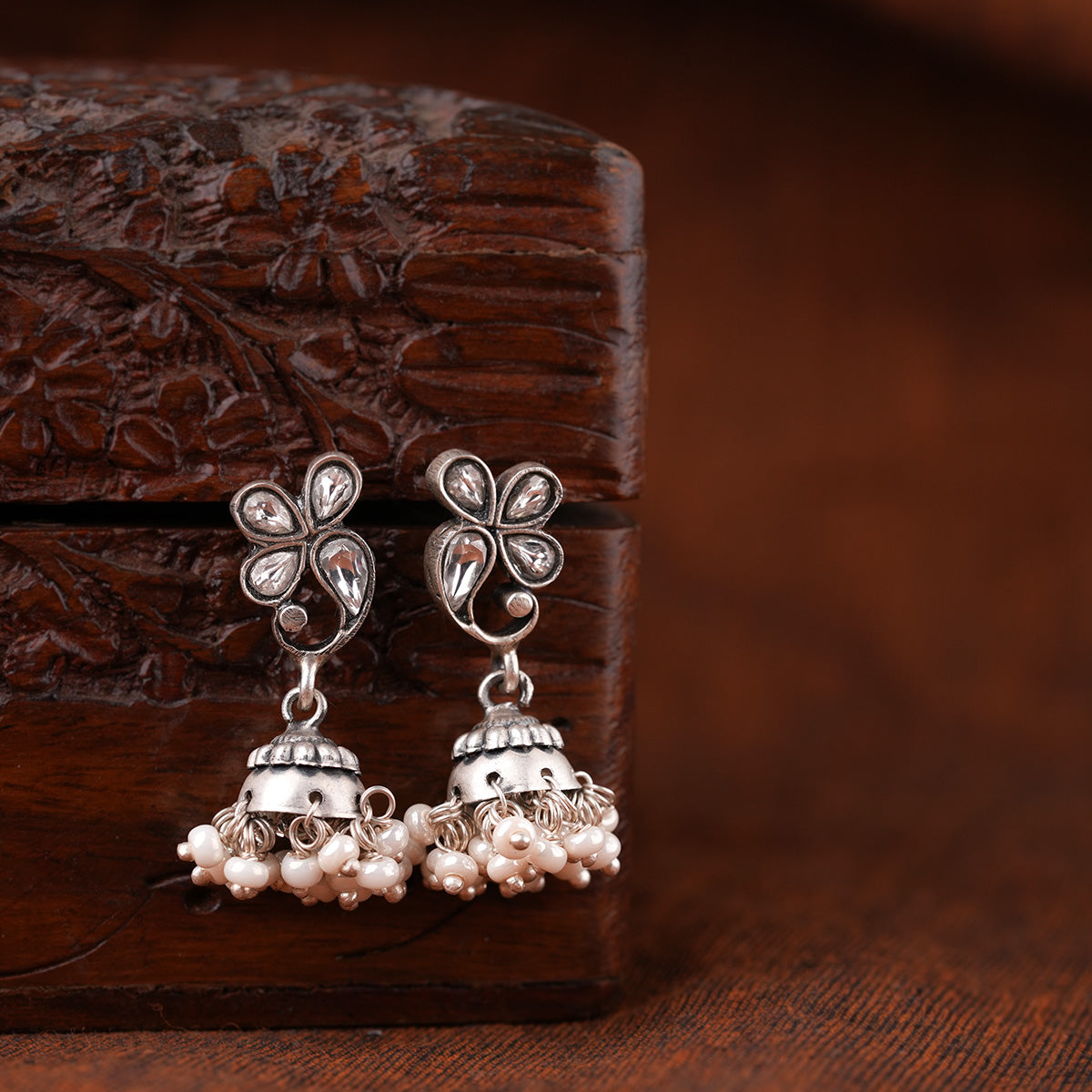 kundan polki pearl silver jhumki by moha