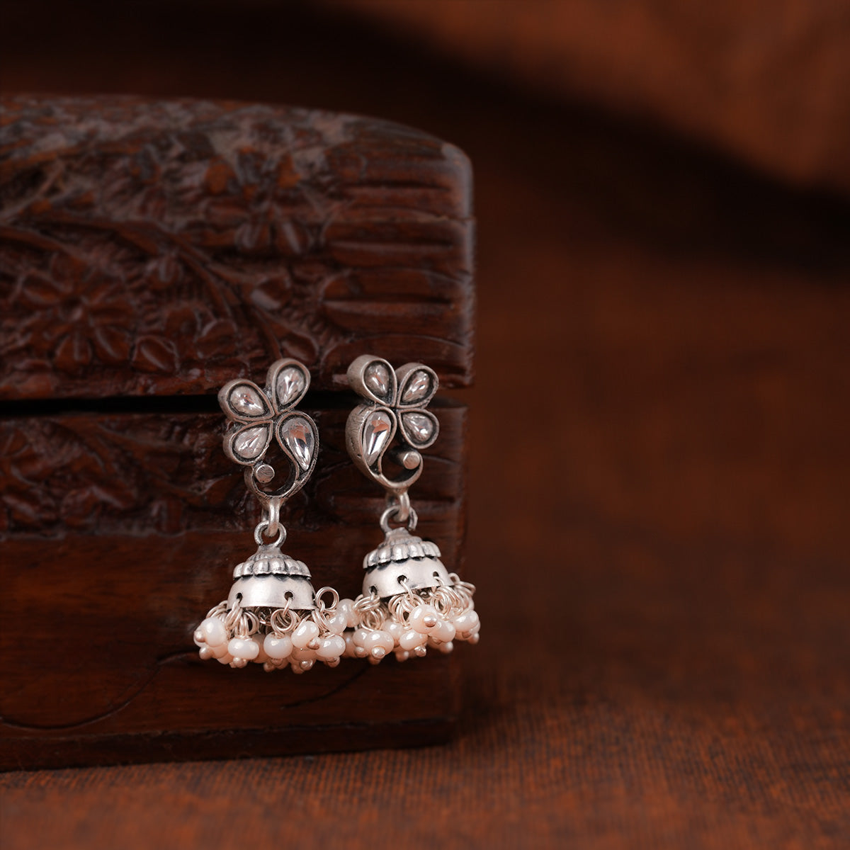 kundan polki pearl silver jhumki by moha