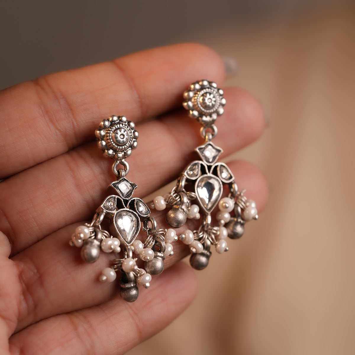 trikon silver pearl jhumki by moha