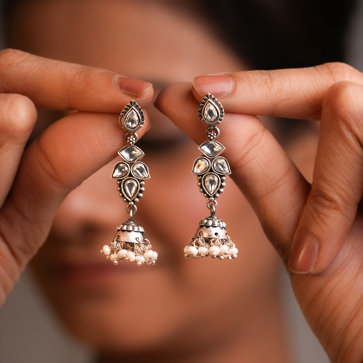 sitara moti silver jhumar earrings by moha
