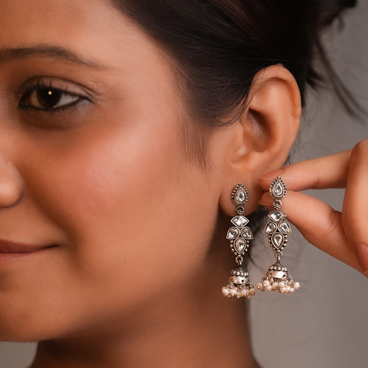 sitara moti silver jhumar earrings by moha