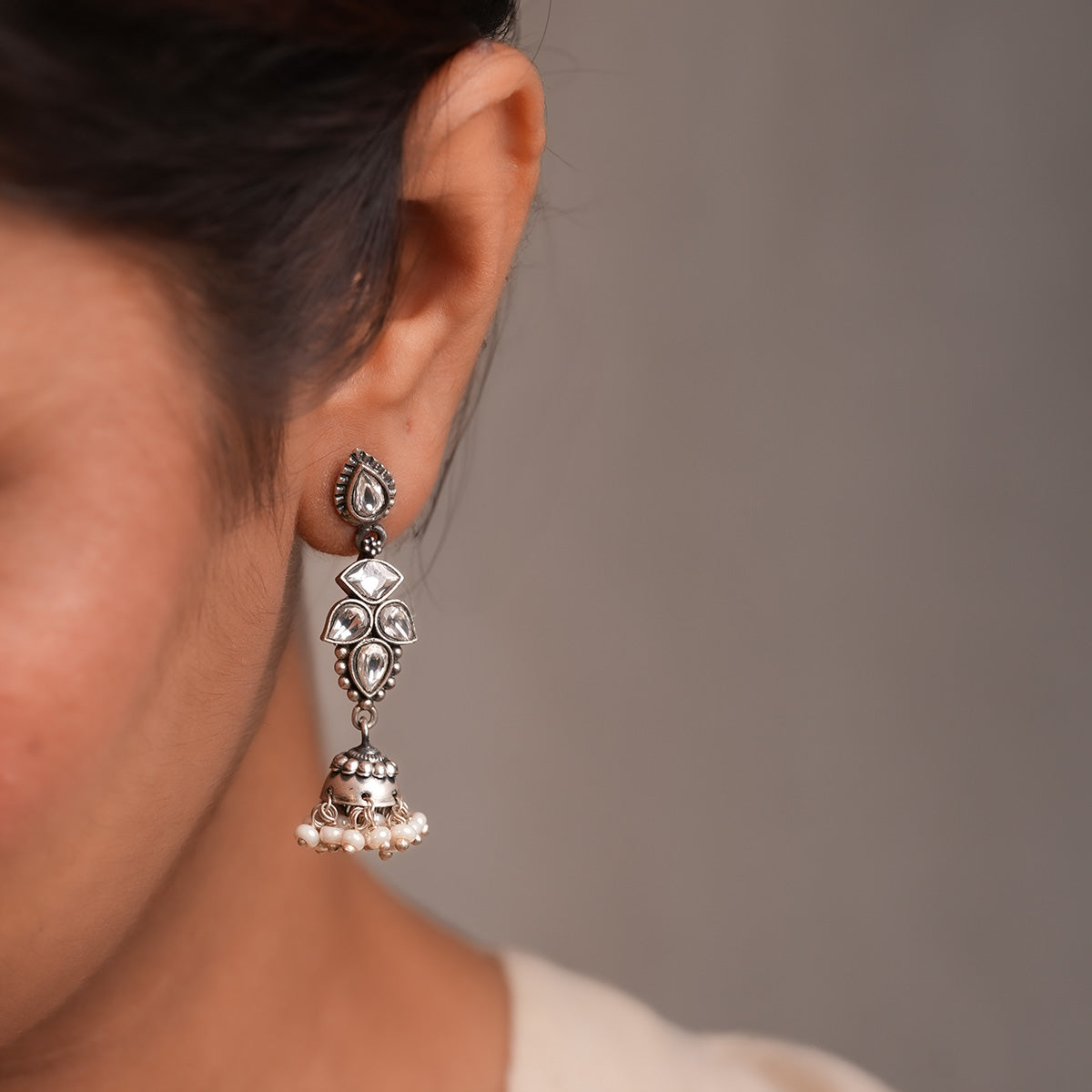 sitara moti silver jhumar earrings by moha