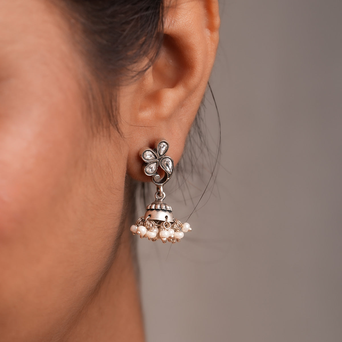 kundan polki pearl silver jhumki by moha