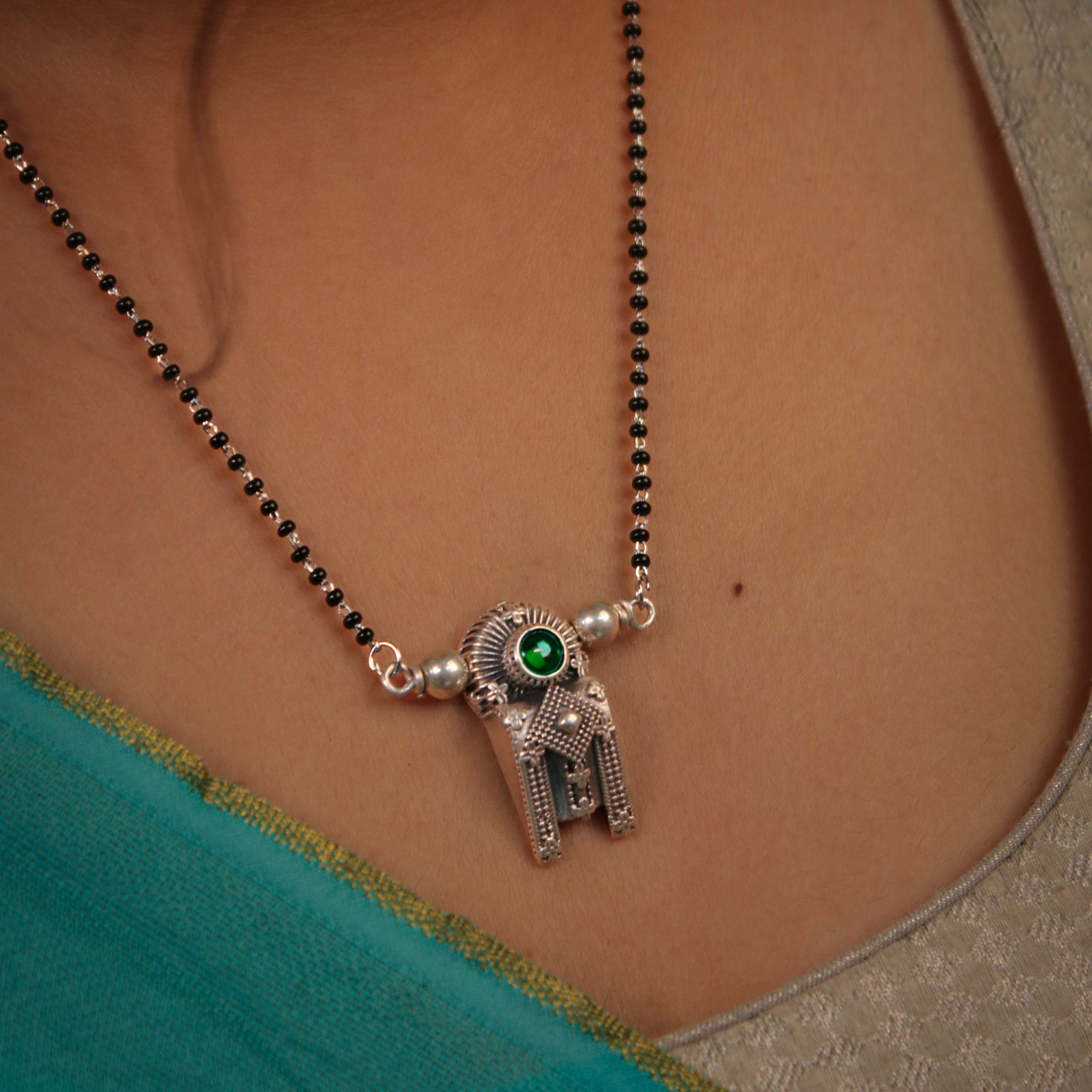Thoppa Taali Pendant With Green Onyx Silver Mangalsutra by MOHA