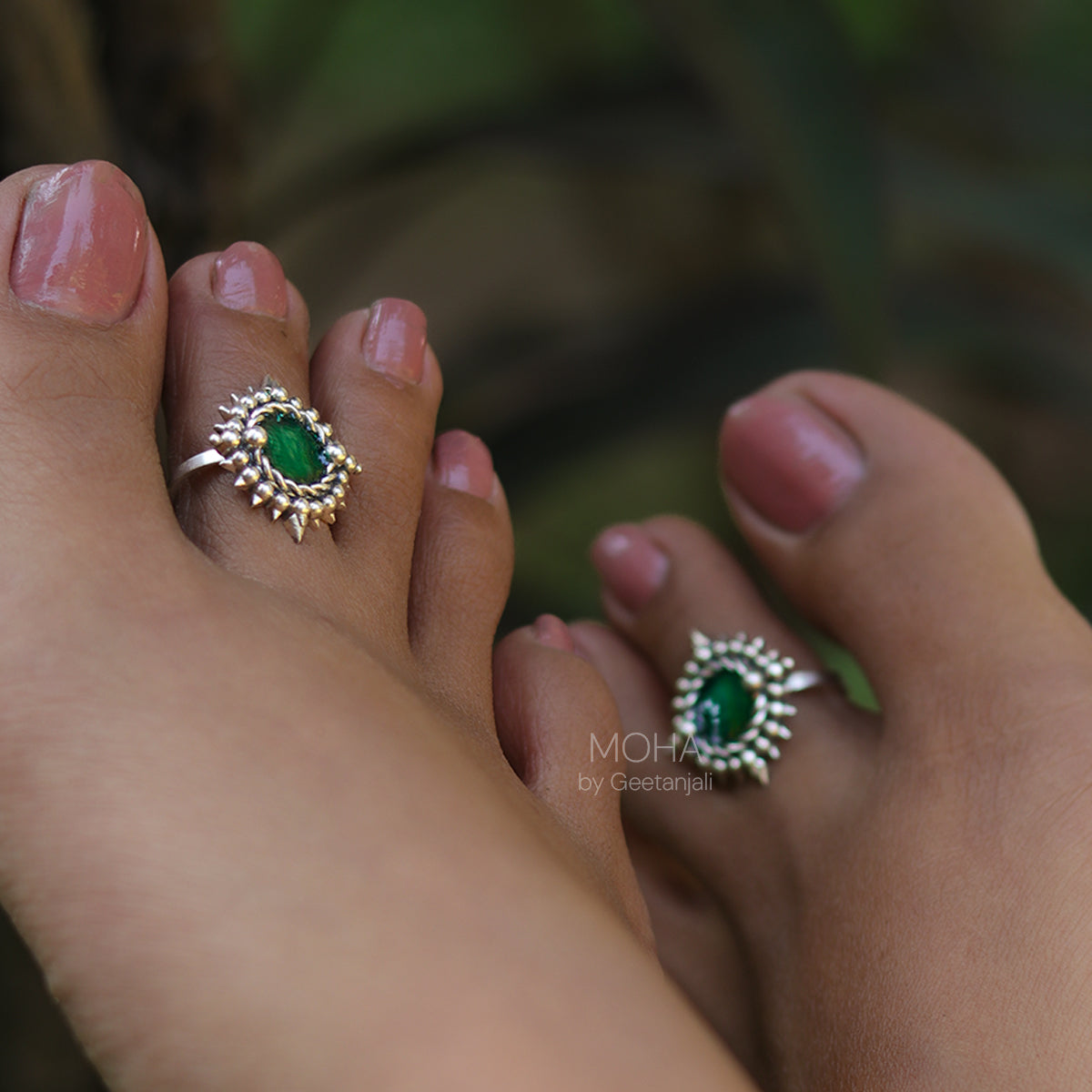 Green Meena Silver Toe Rings by MOHA