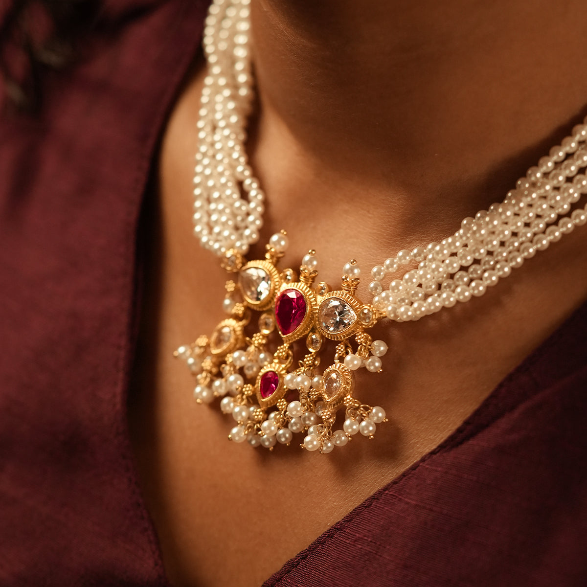 maharashtrian tanmani silver necklace pink white gold plated by moha 1