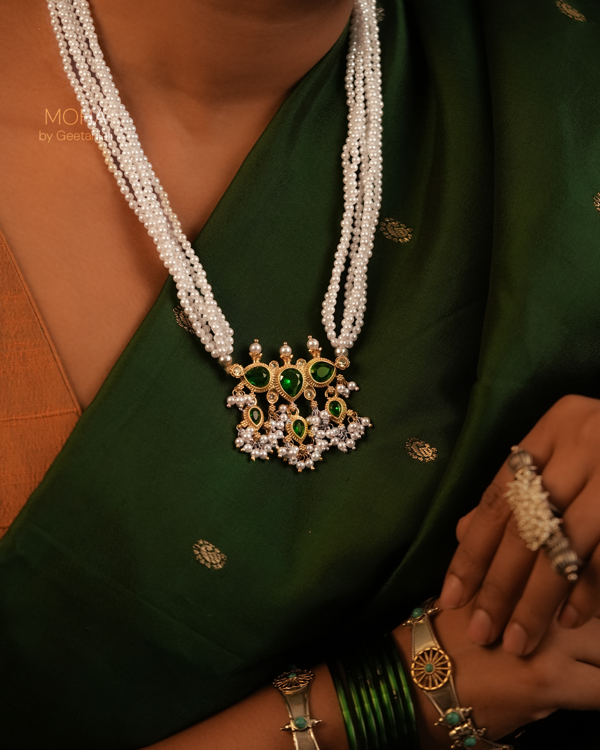 Maharashtrian Tanmani Silver Necklace (Green) Gold Plated by Moha