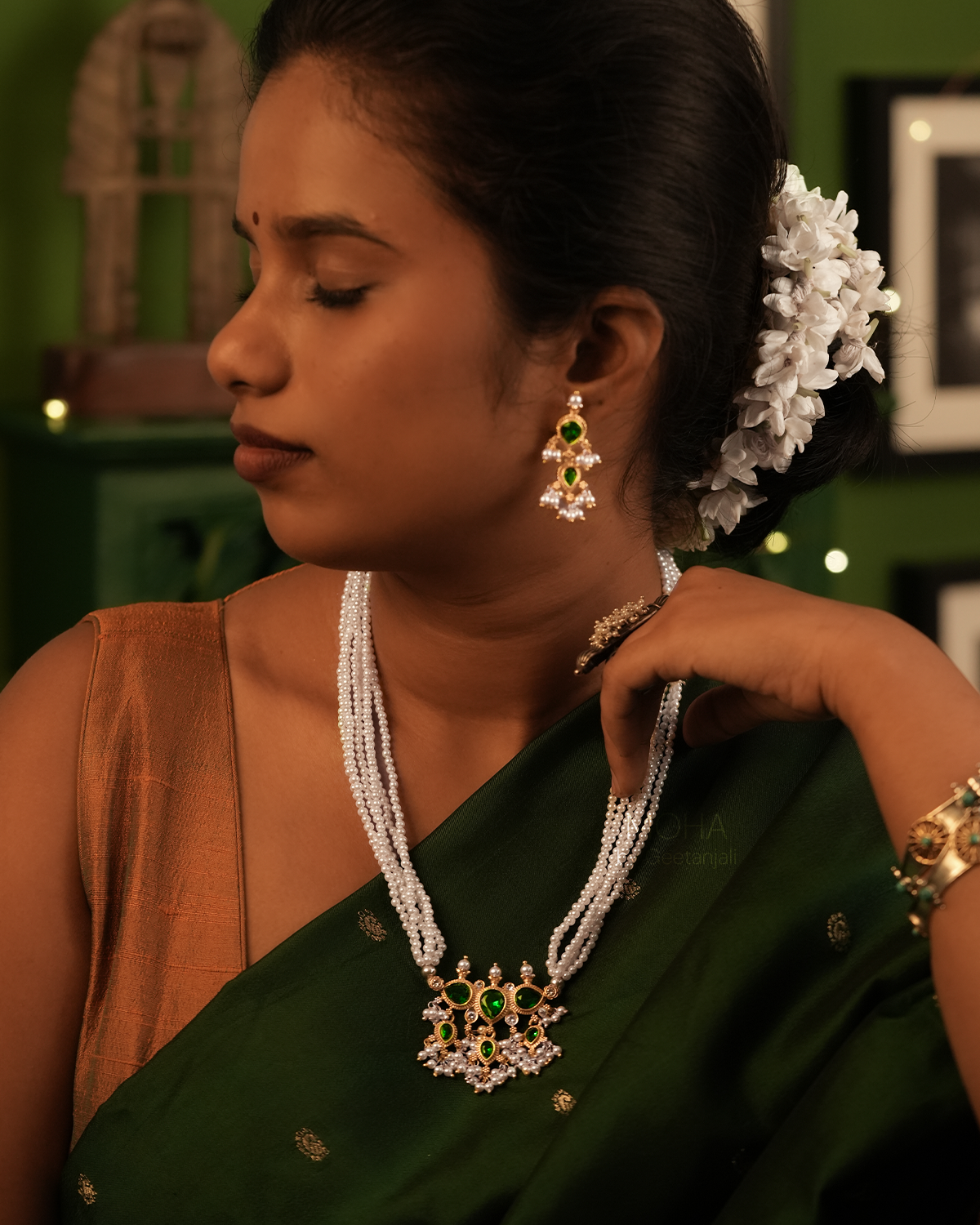 Maharashtrian Tanmani Silver Necklace (Green) Gold Plated by Moha