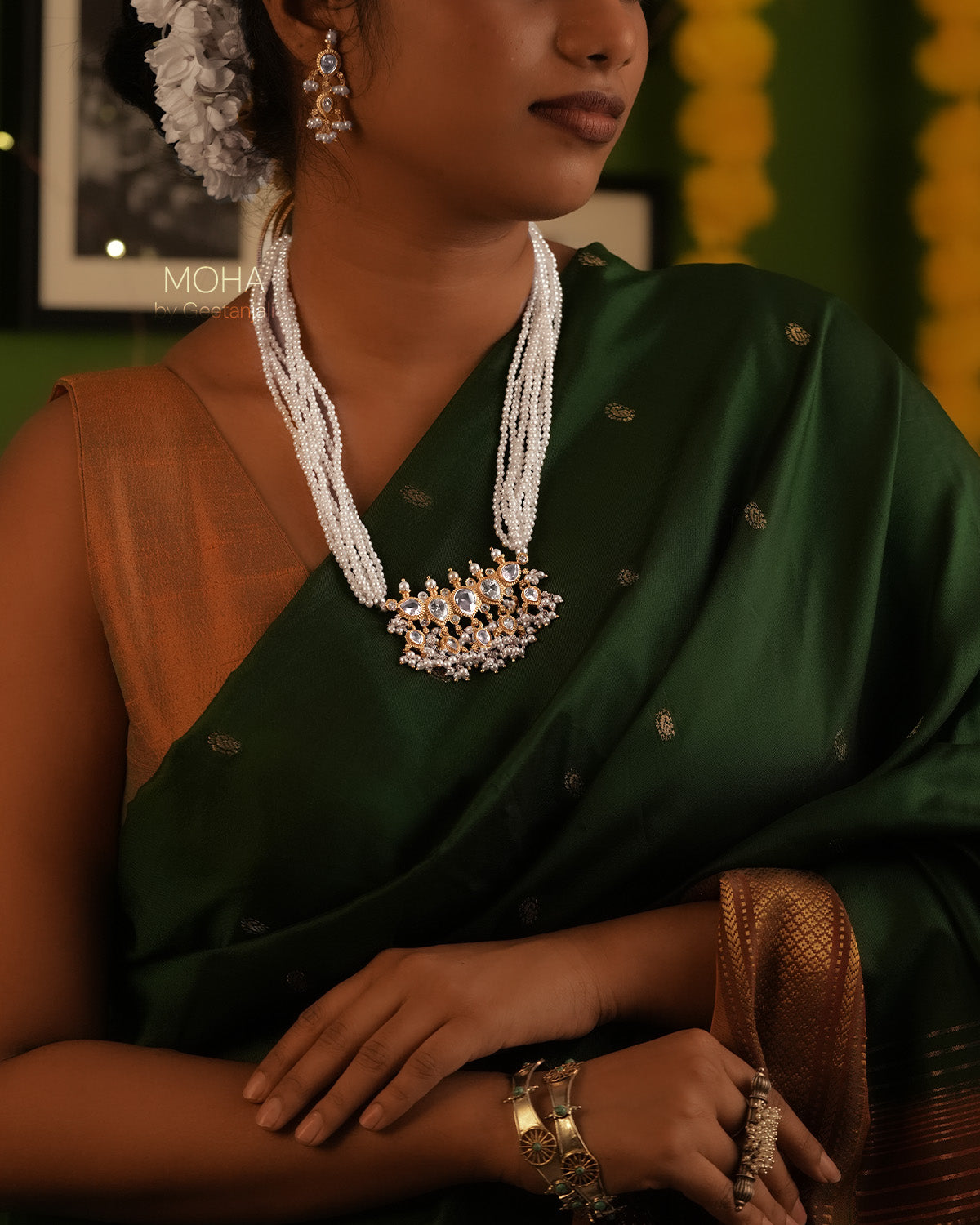 Maharashtrian Tanmani Silver Necklace (White) Gold Plated by Moha