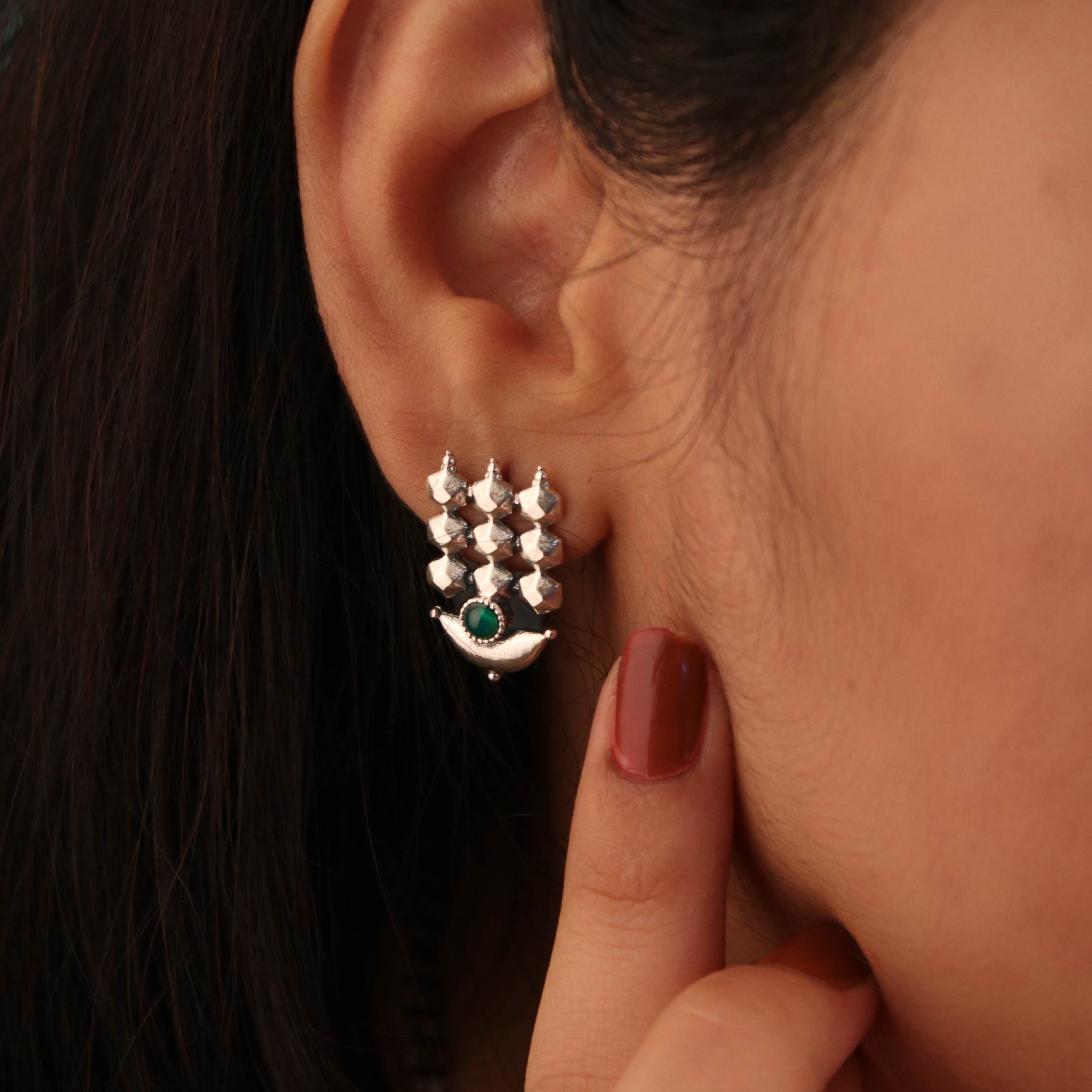 Diya Silver Earrings by MOHA (GREEN)