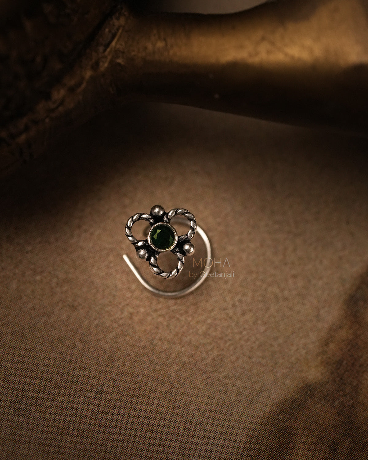 Pushp Silver Nosepin with Green Stone by MOHA