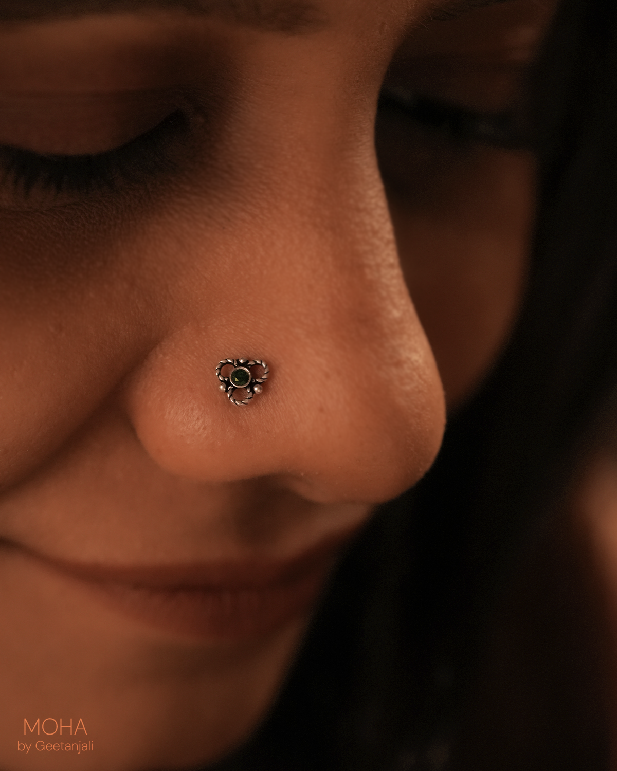 Pushp Silver Nosepin with Green Stone by MOHA