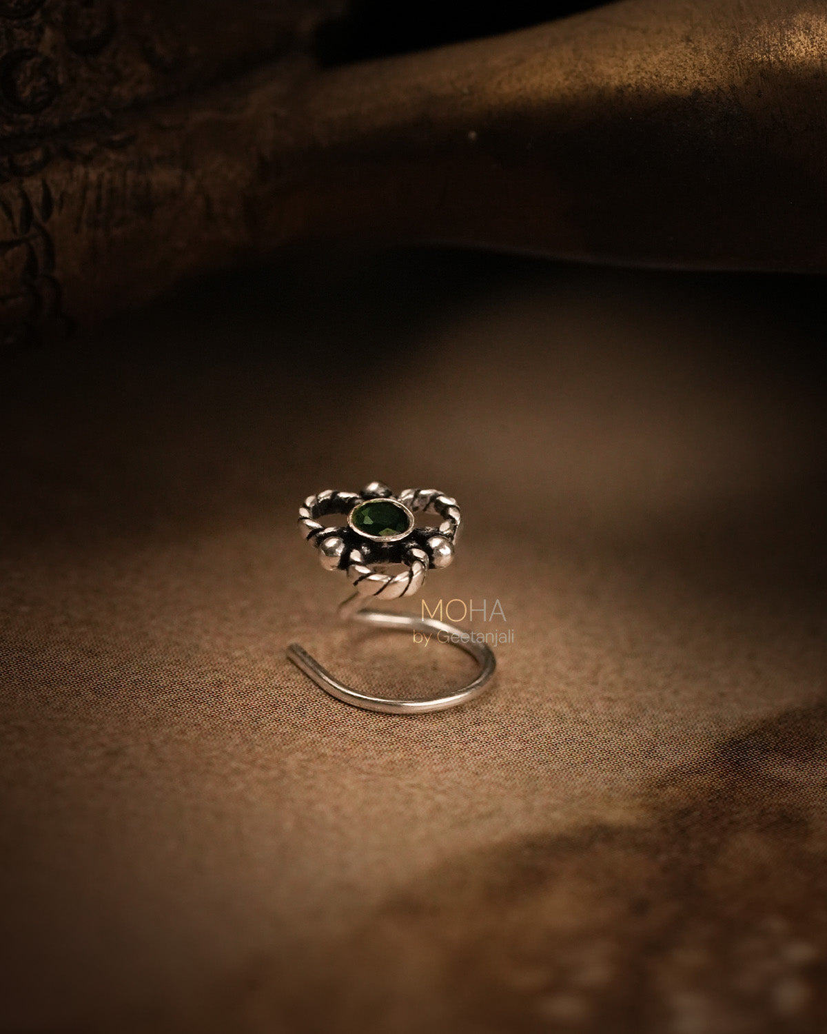 Pushp Silver Nosepin with Green Stone by MOHA