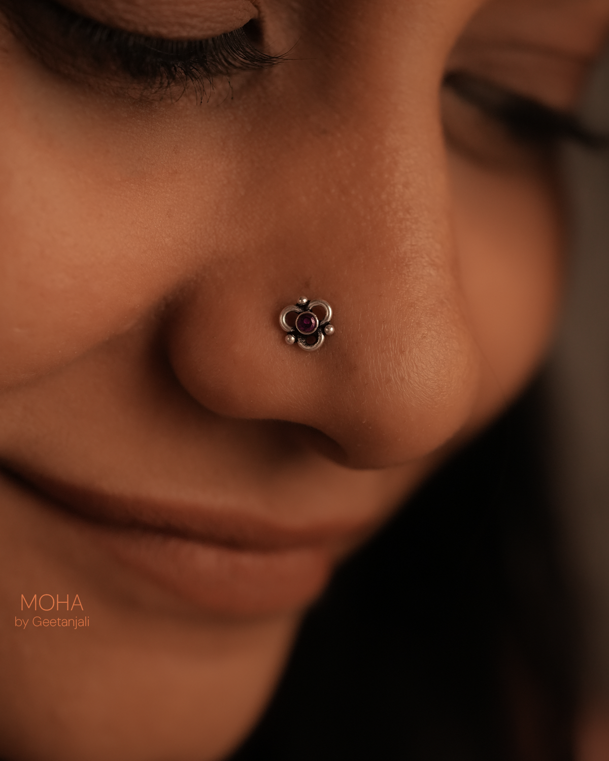 Pushp Silver Nosepin with Pink Stone by MOHA