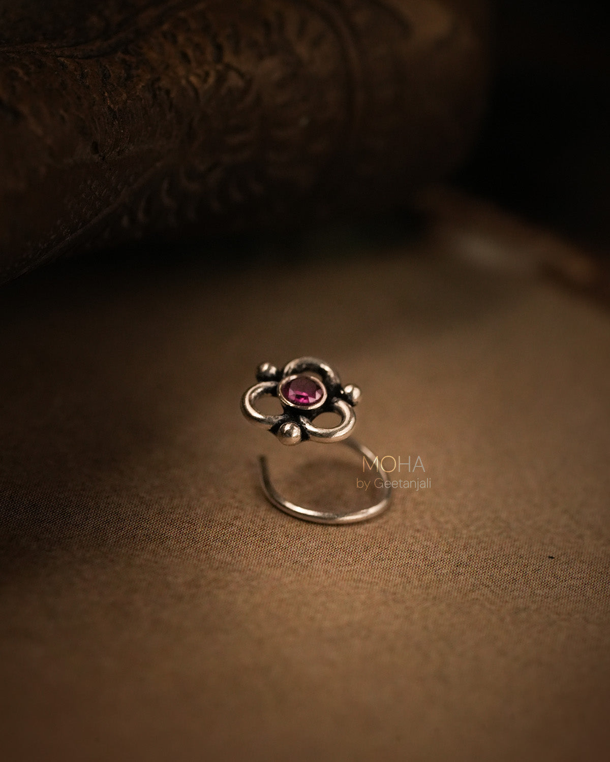 Pushp Silver Nosepin with Pink Stone by MOHA