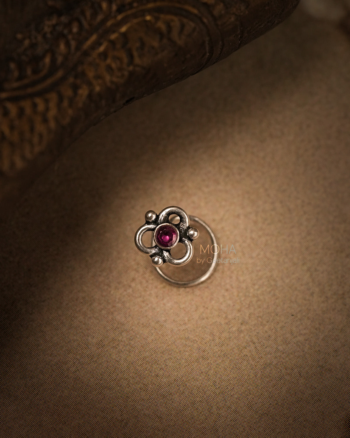 Pushp Silver Nosepin with Pink Stone by MOHA