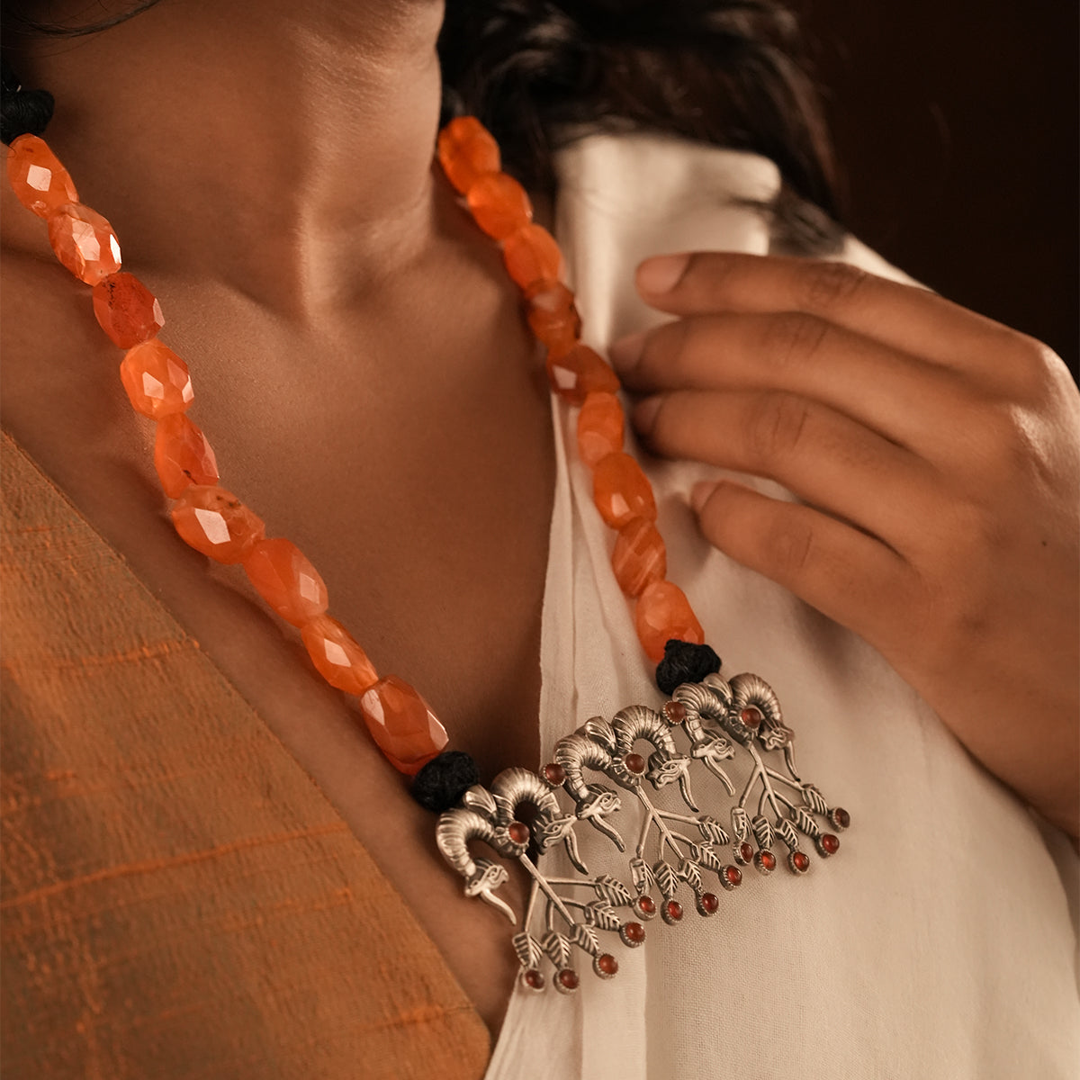 Shringa Silver Necklace with Carnelian stone By Moha