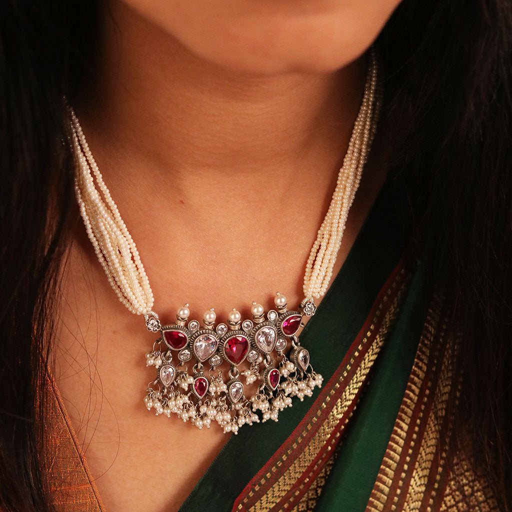 Maharashtrian Tanmani Silver Necklace (Pink & White) by Moha