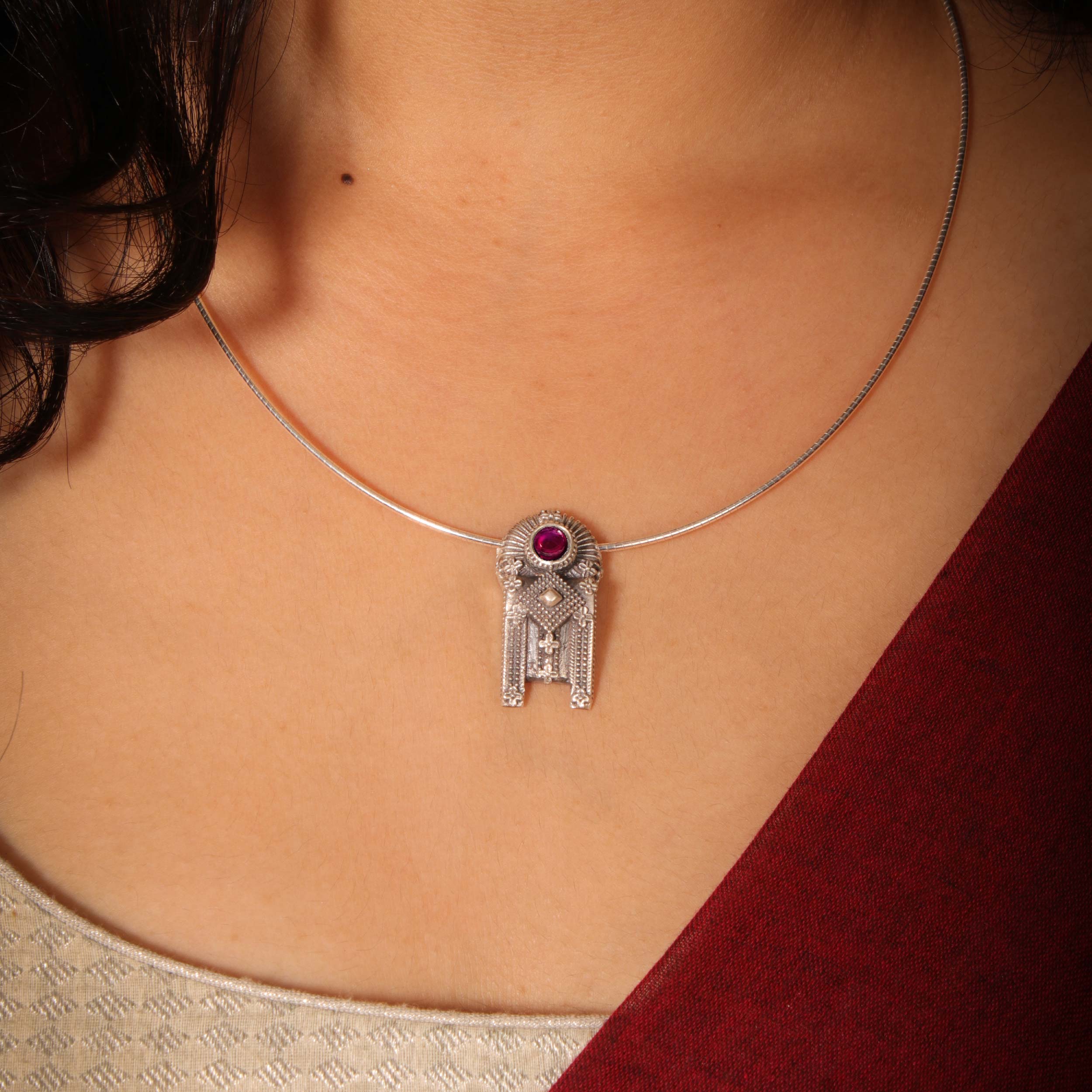 thoppa taali silver pendant chain with rubellite stone by moha