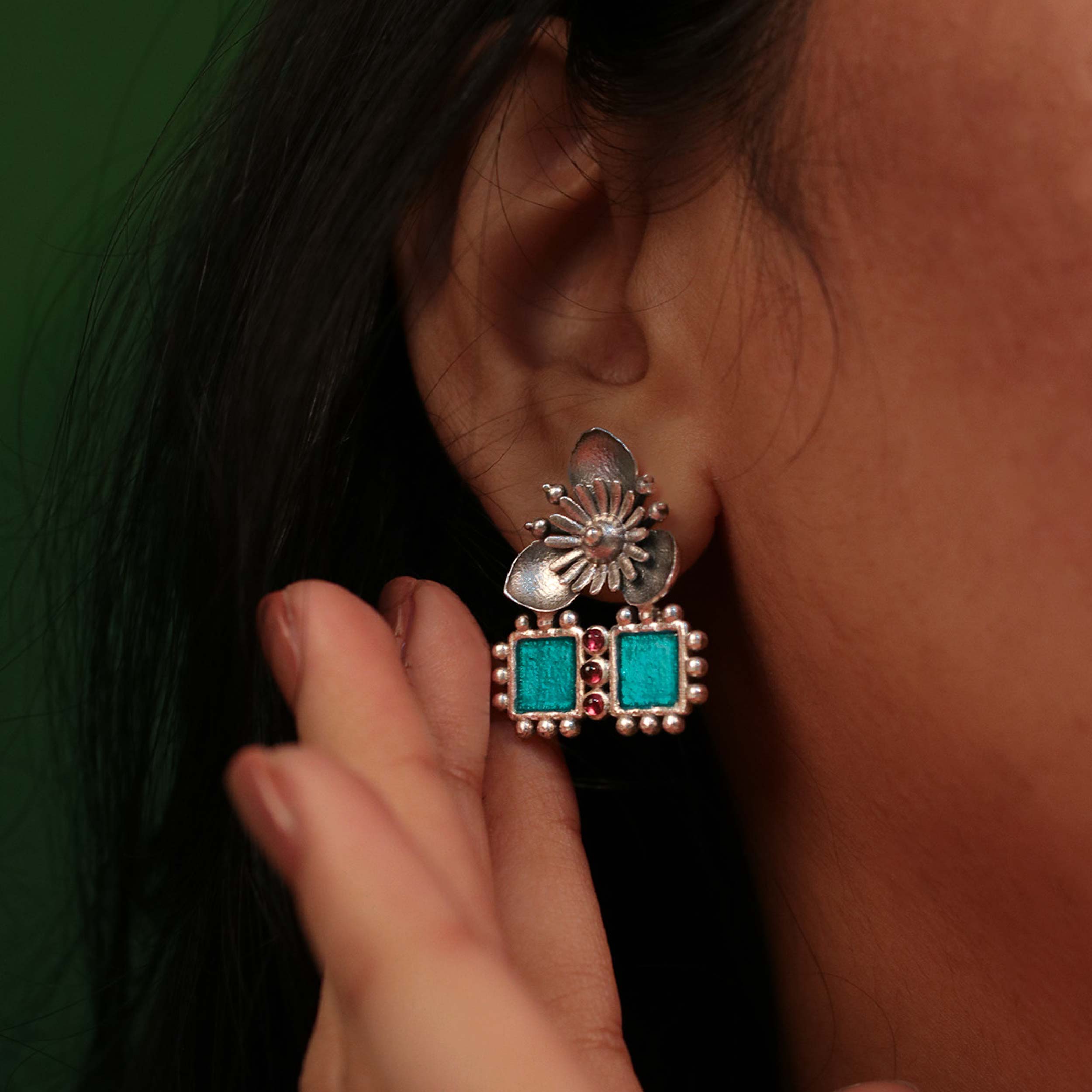 triloki firozi silver earrings