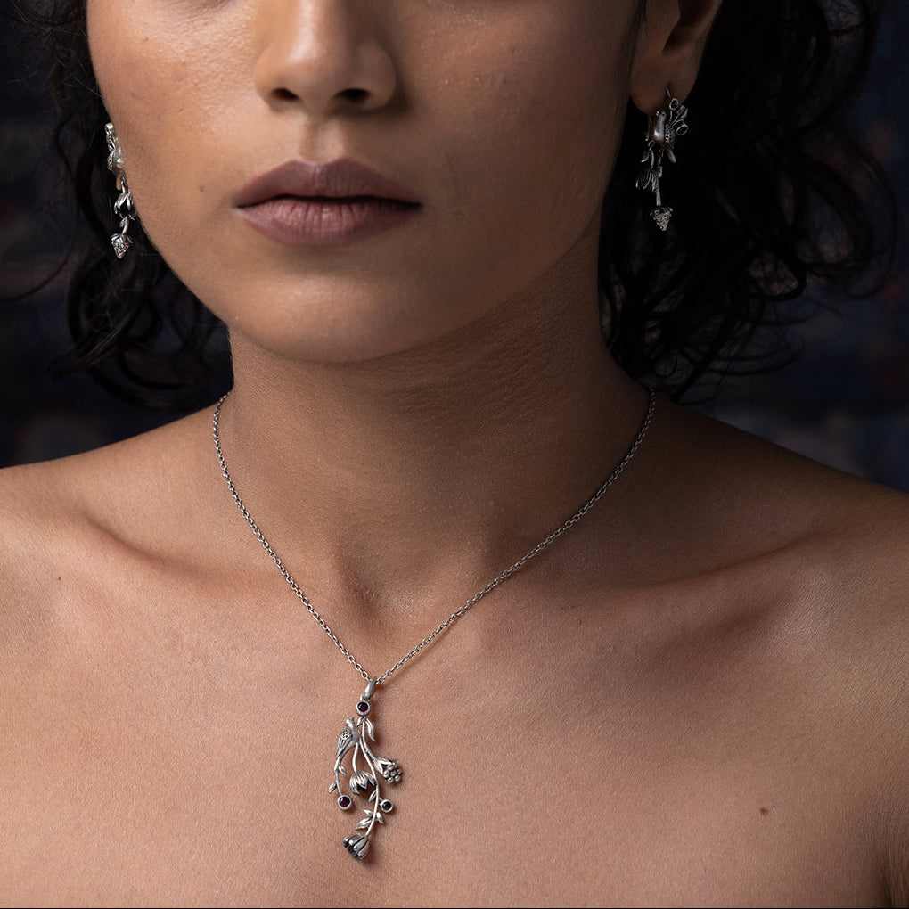 William Morris - Strawberry Thief Vertical Silver Pendant by Moha (Only Pendant)