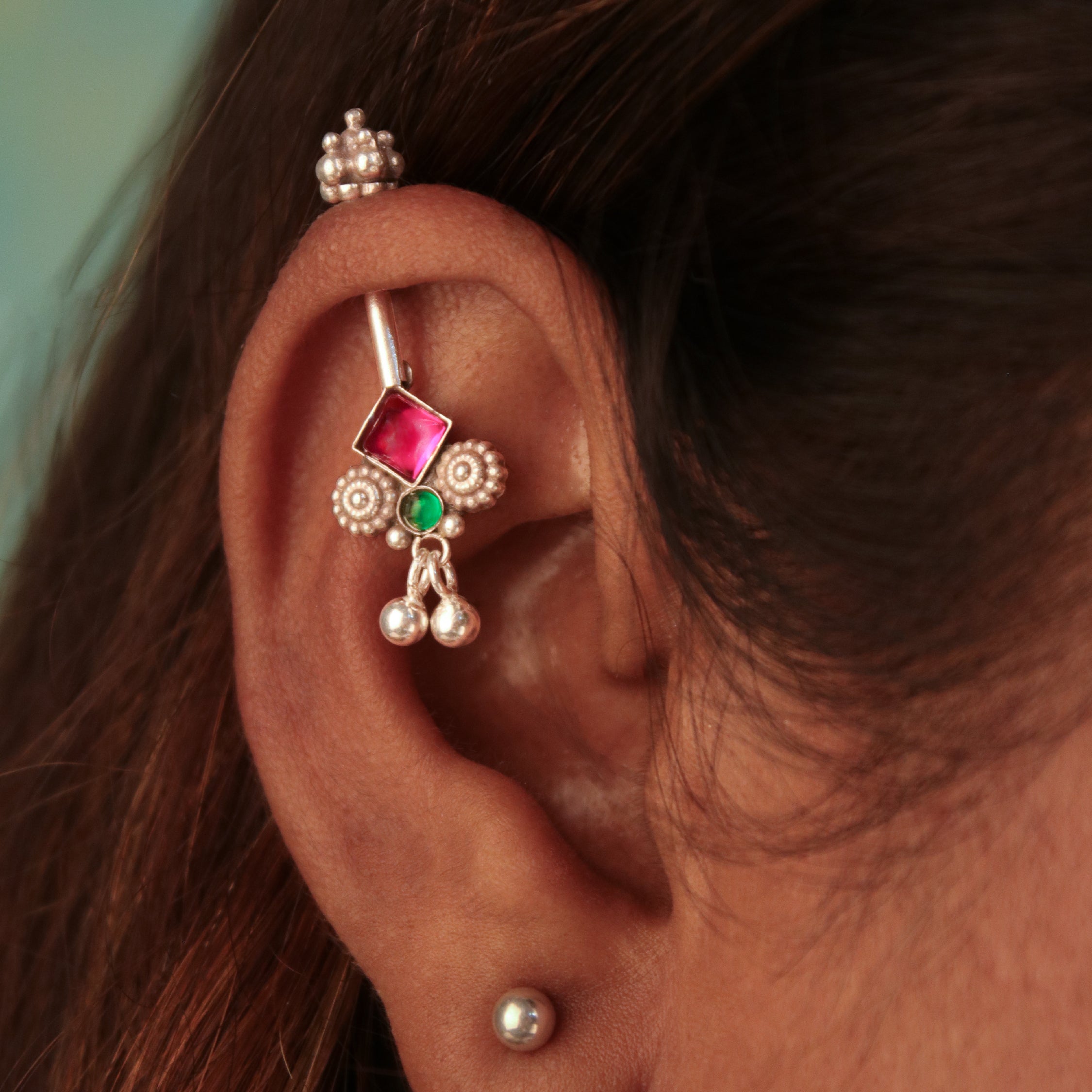 bhumi silver bugadi pierced pink green by moha