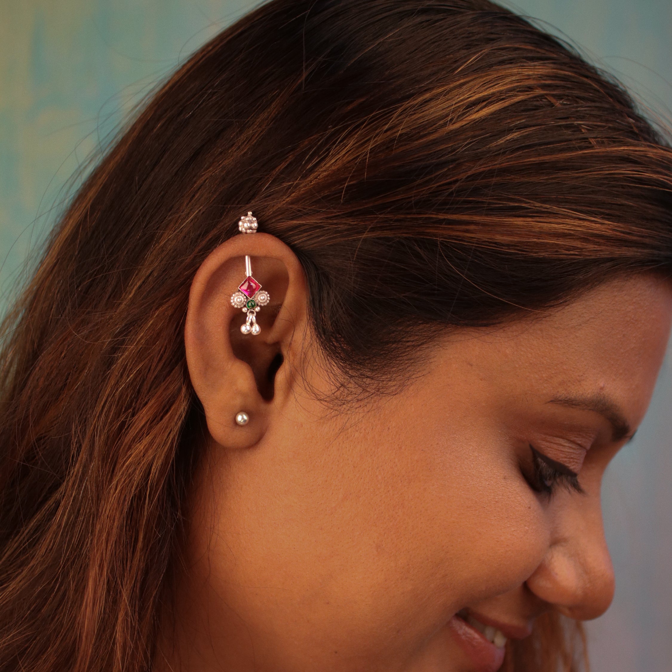 bhumi silver bugadi pierced pink green by moha
