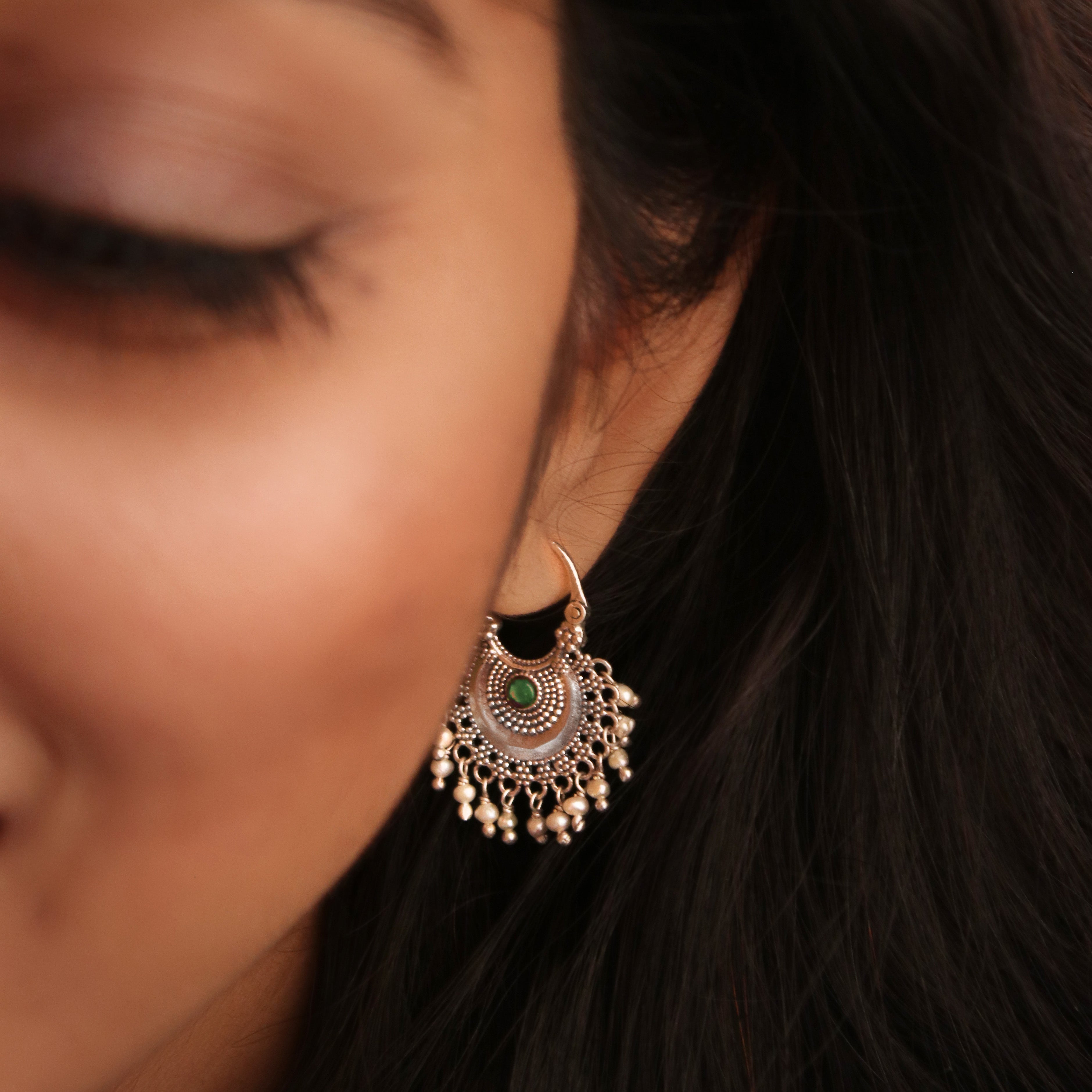 chandbali silver bugadi earrings pair blue green by moha