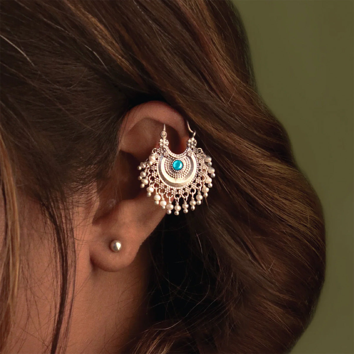 chandbali silver bugadi pierced single blue green by moha