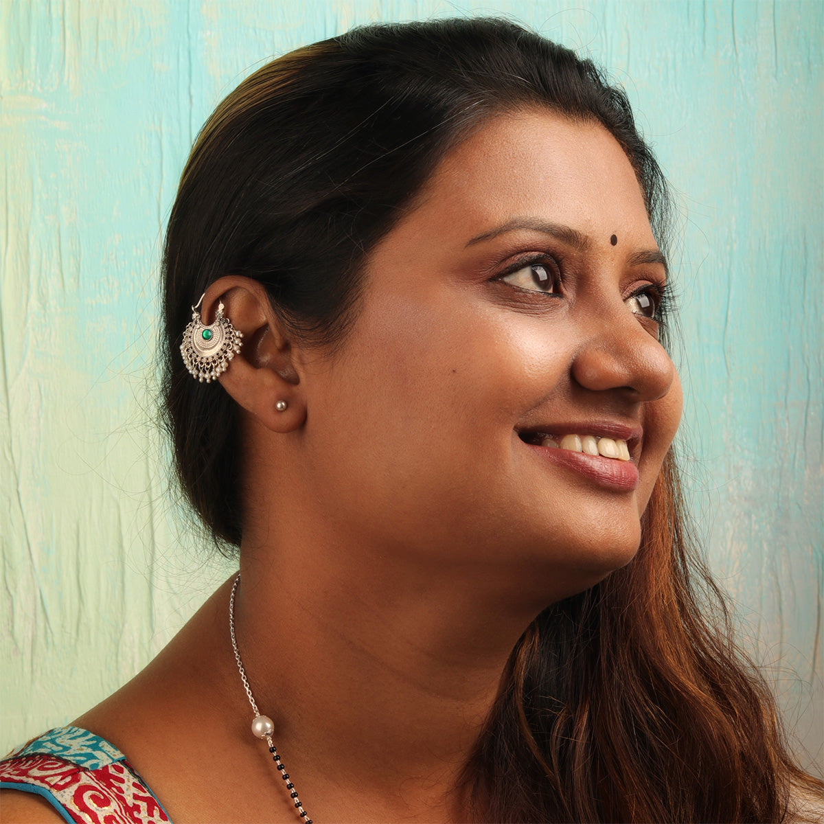 chandbali silver bugadi pierced single blue green by moha