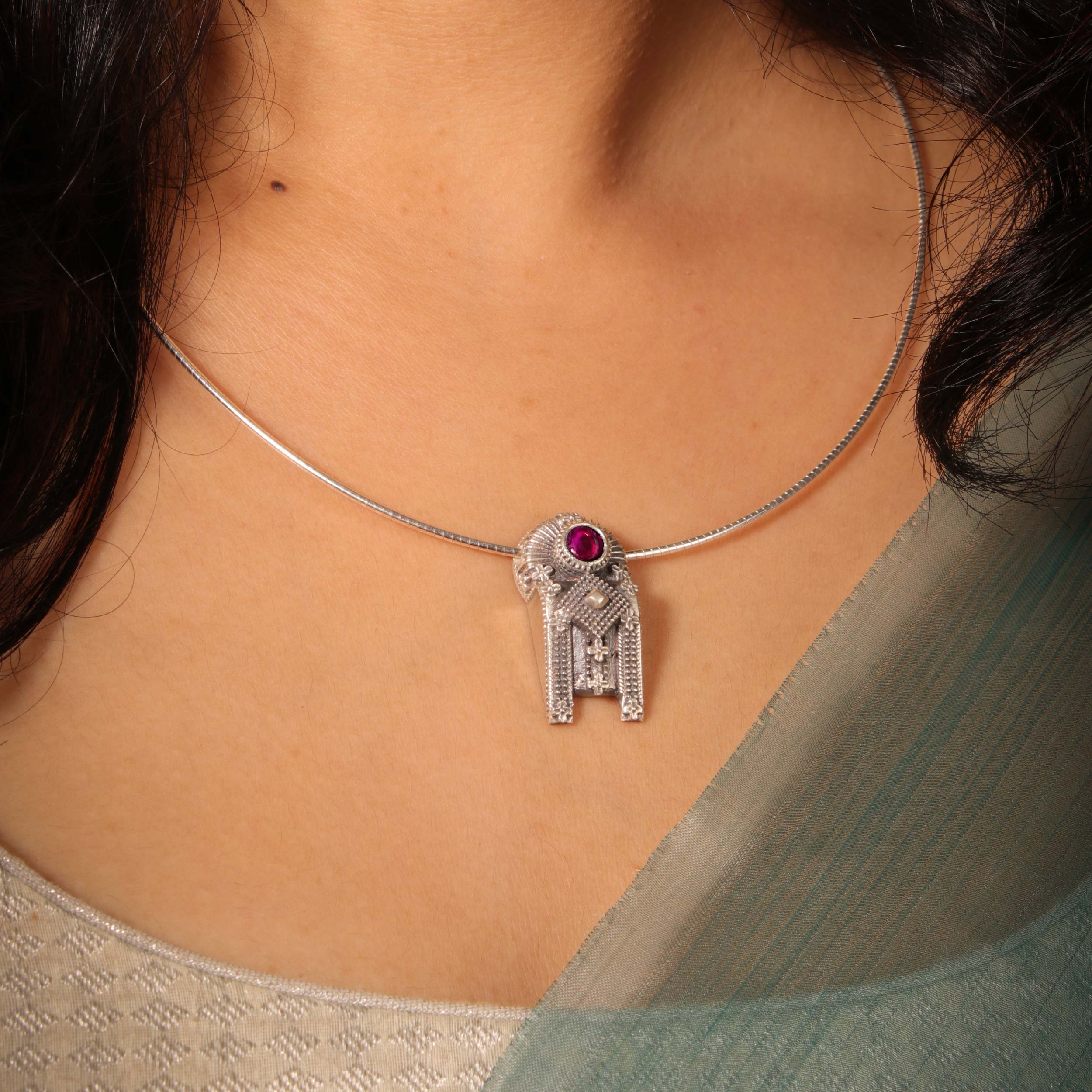 Thoppa Taali Silver Pendant Chain With Rubellite Stone by MOHA