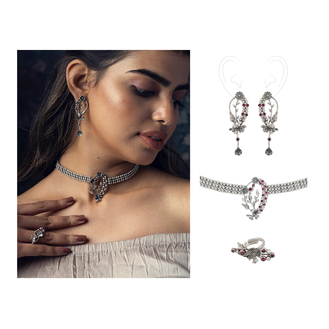 Compton choker and bud dangeling earrings , ring set