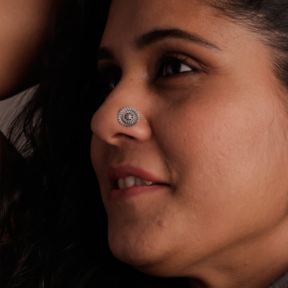 delicate floral circle silver nose pin pierced by moha