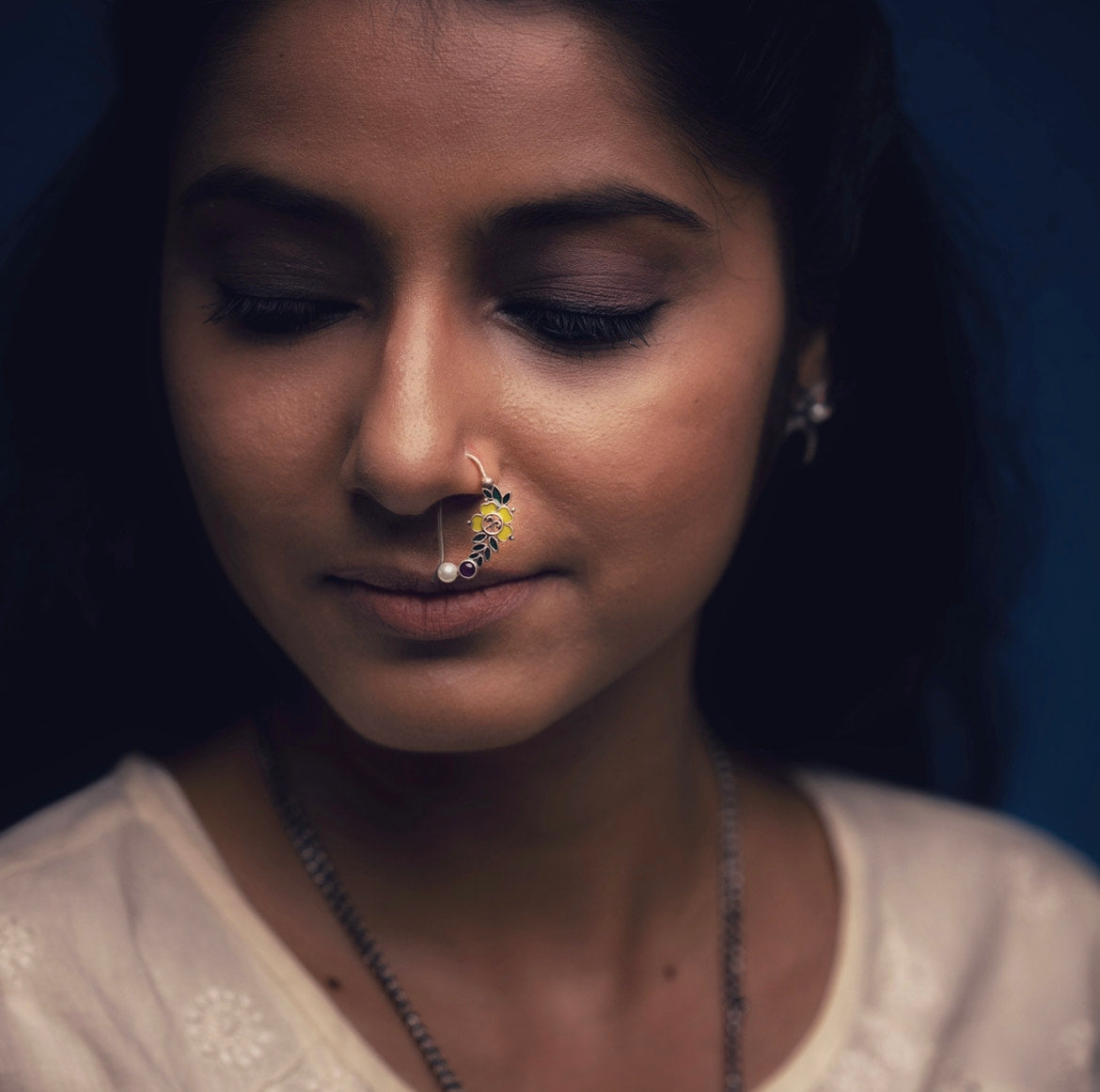 floral silver nath pierced left by moha
