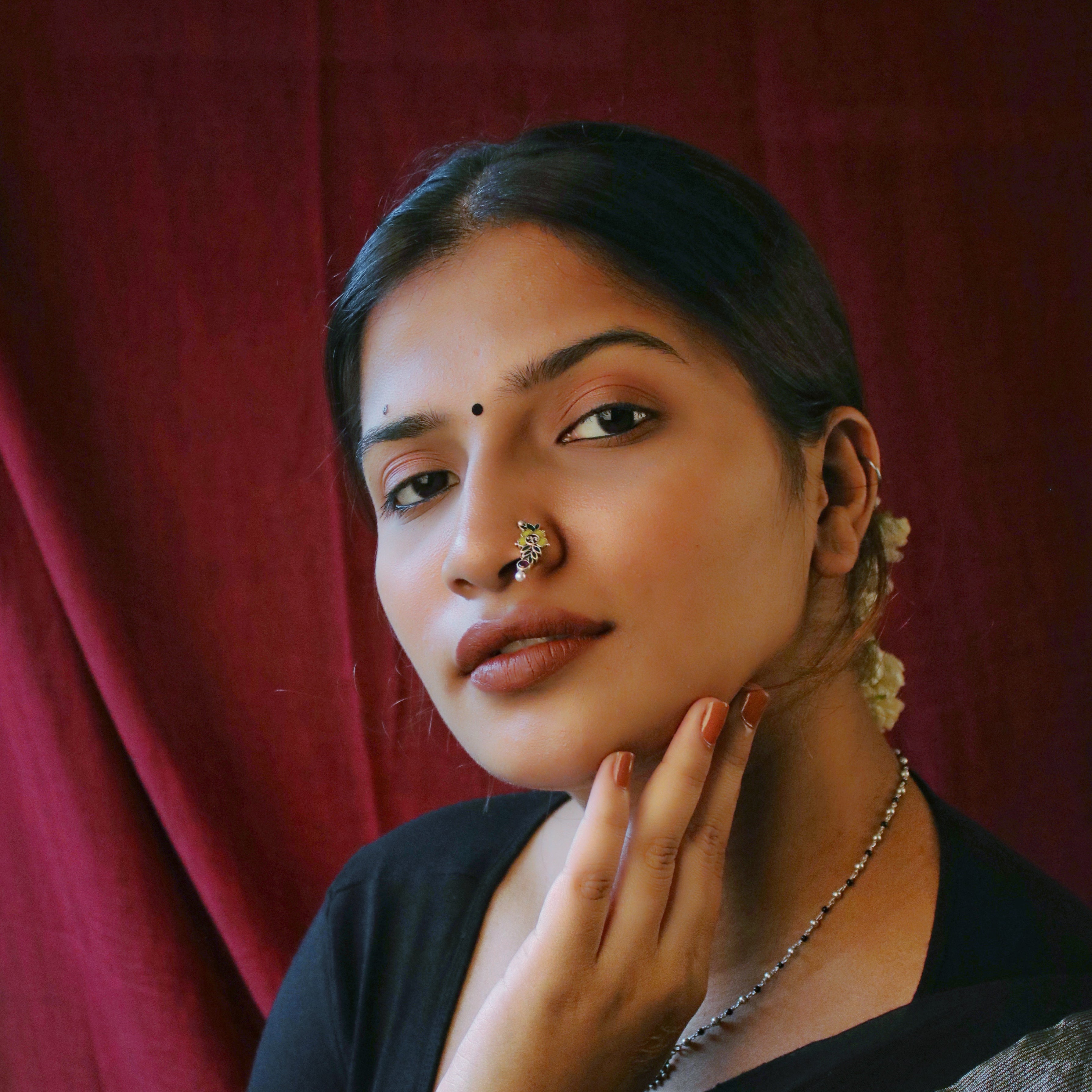 floral silver nath pierced left by moha