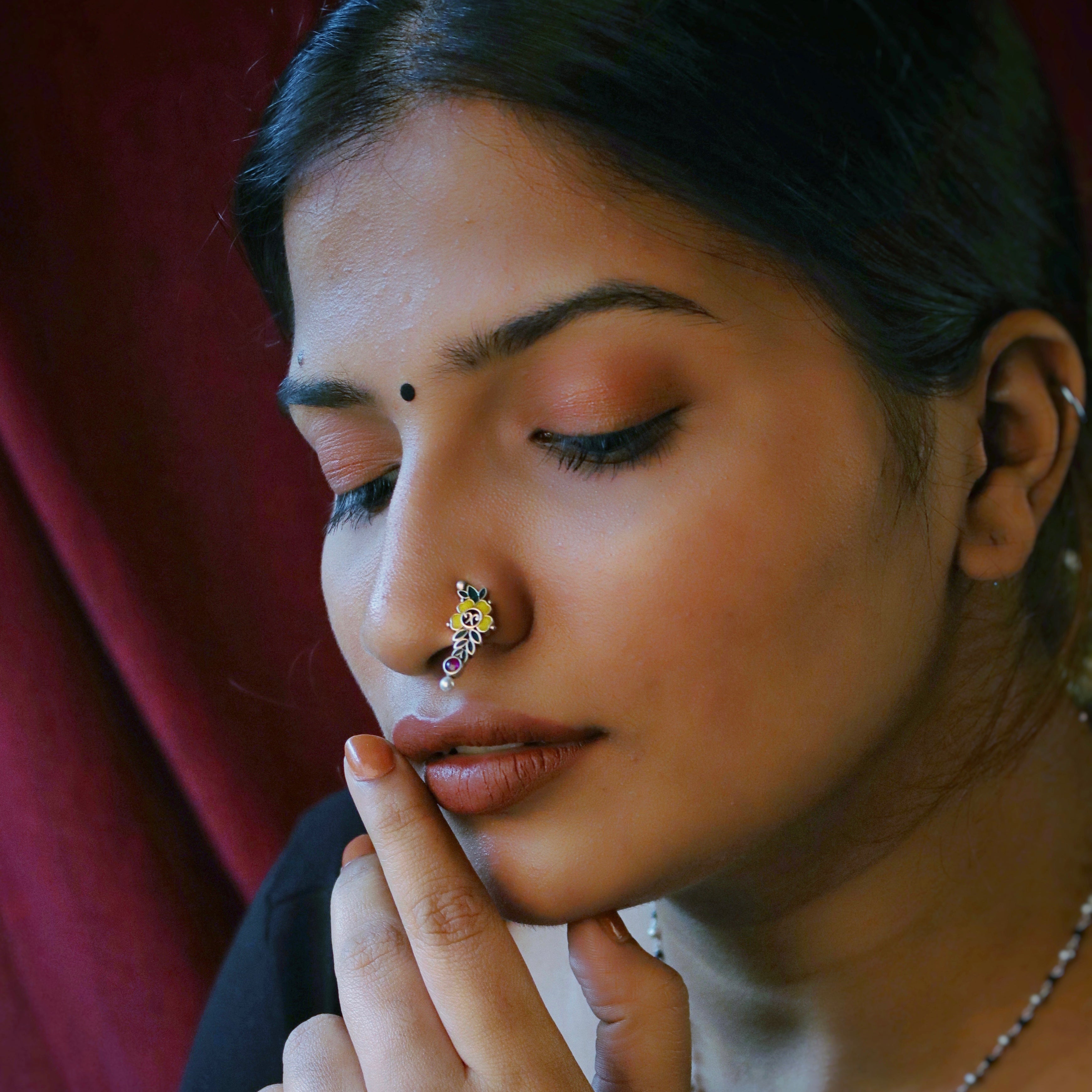 floral silver nath pierced left by moha