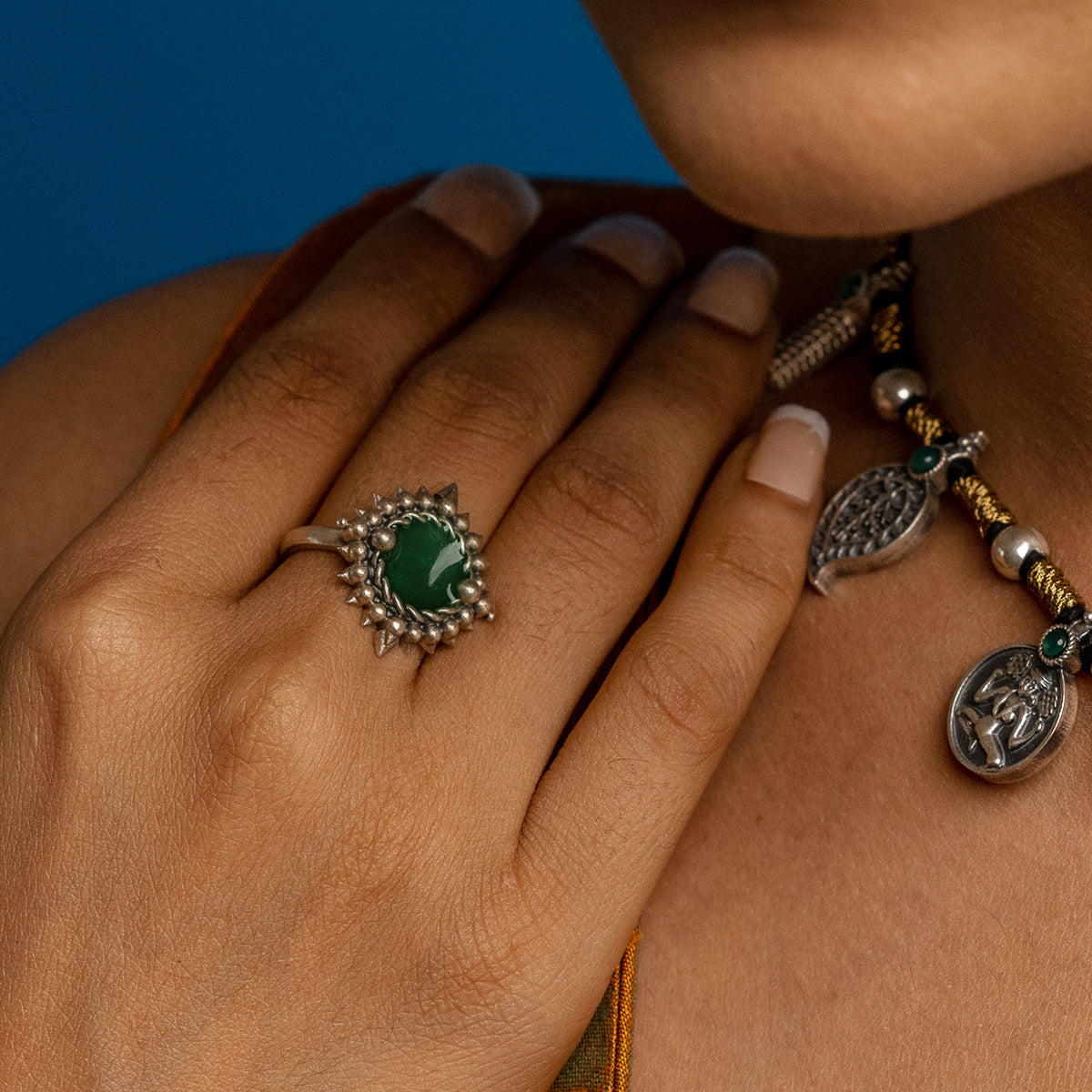 Green Meena Silver Finger Ring