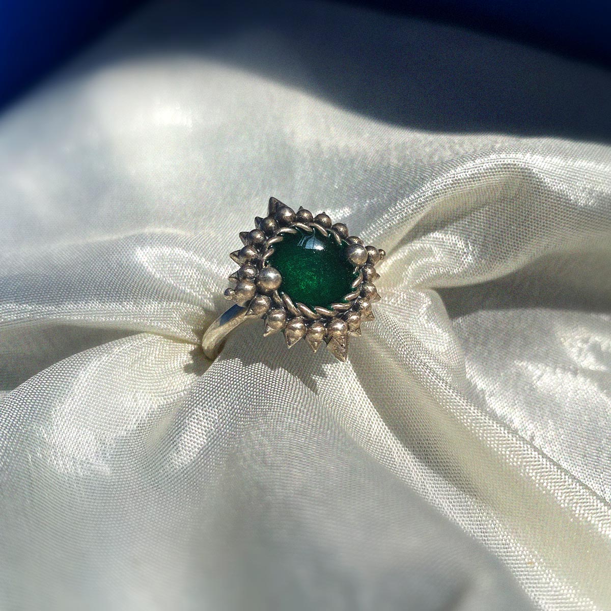 Green Meena Silver Finger Ring