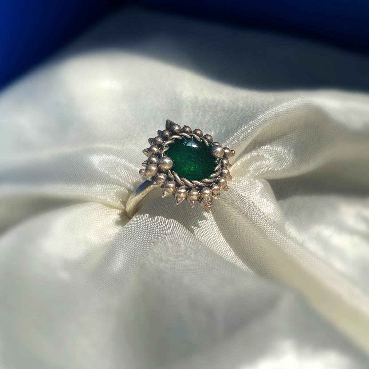 Green Meena Silver Finger Ring