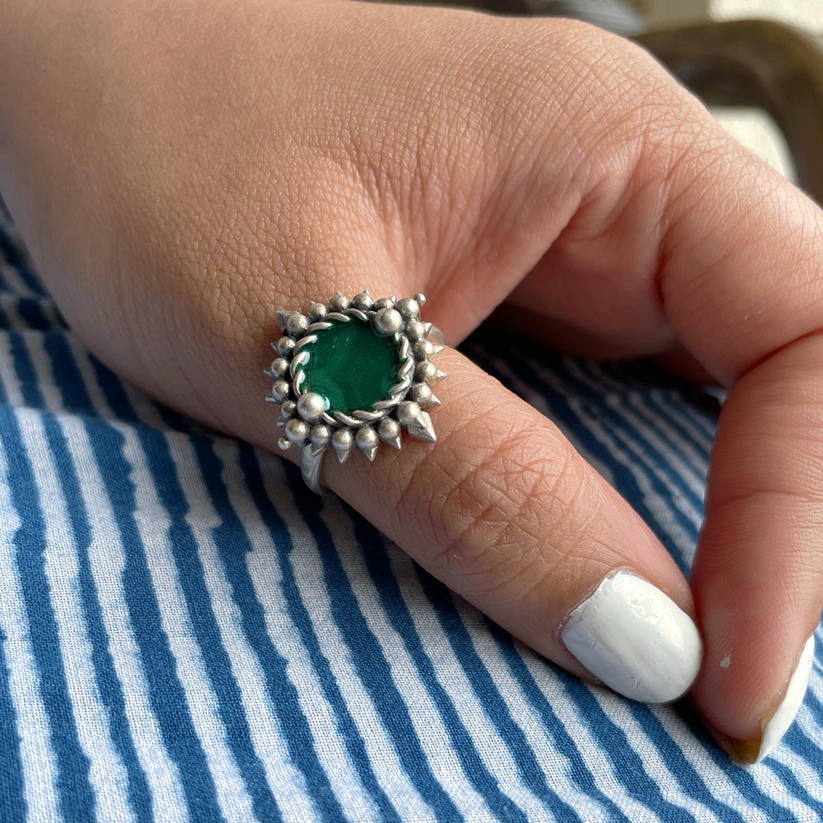 Green Meena Silver Finger Ring