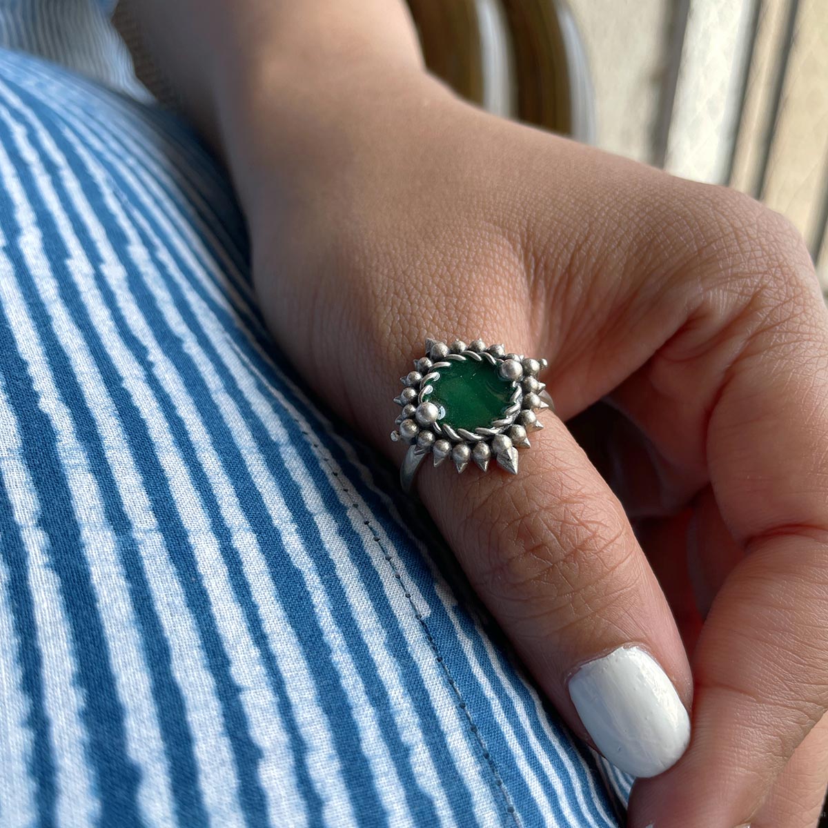 Green Meena Silver Finger Ring