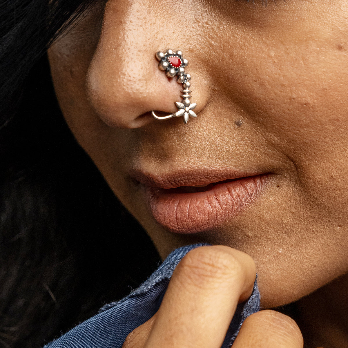 Maharashtrian Silver Nath/Nose ring - Red, Clip On Left