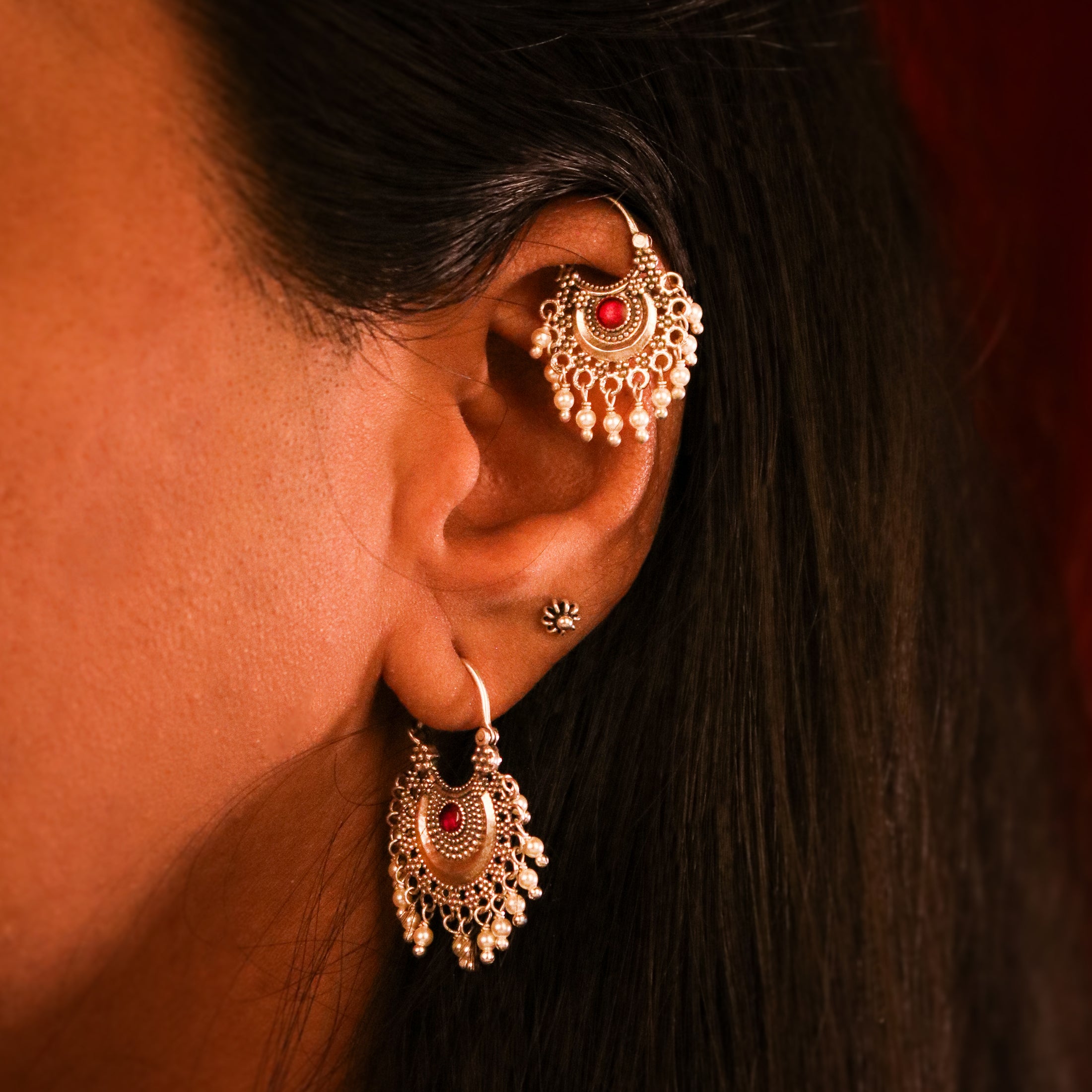 Chandbali (Small) Silver Bugadi/Earrings Pierced, (Pair, Pink & Green ) By Moha