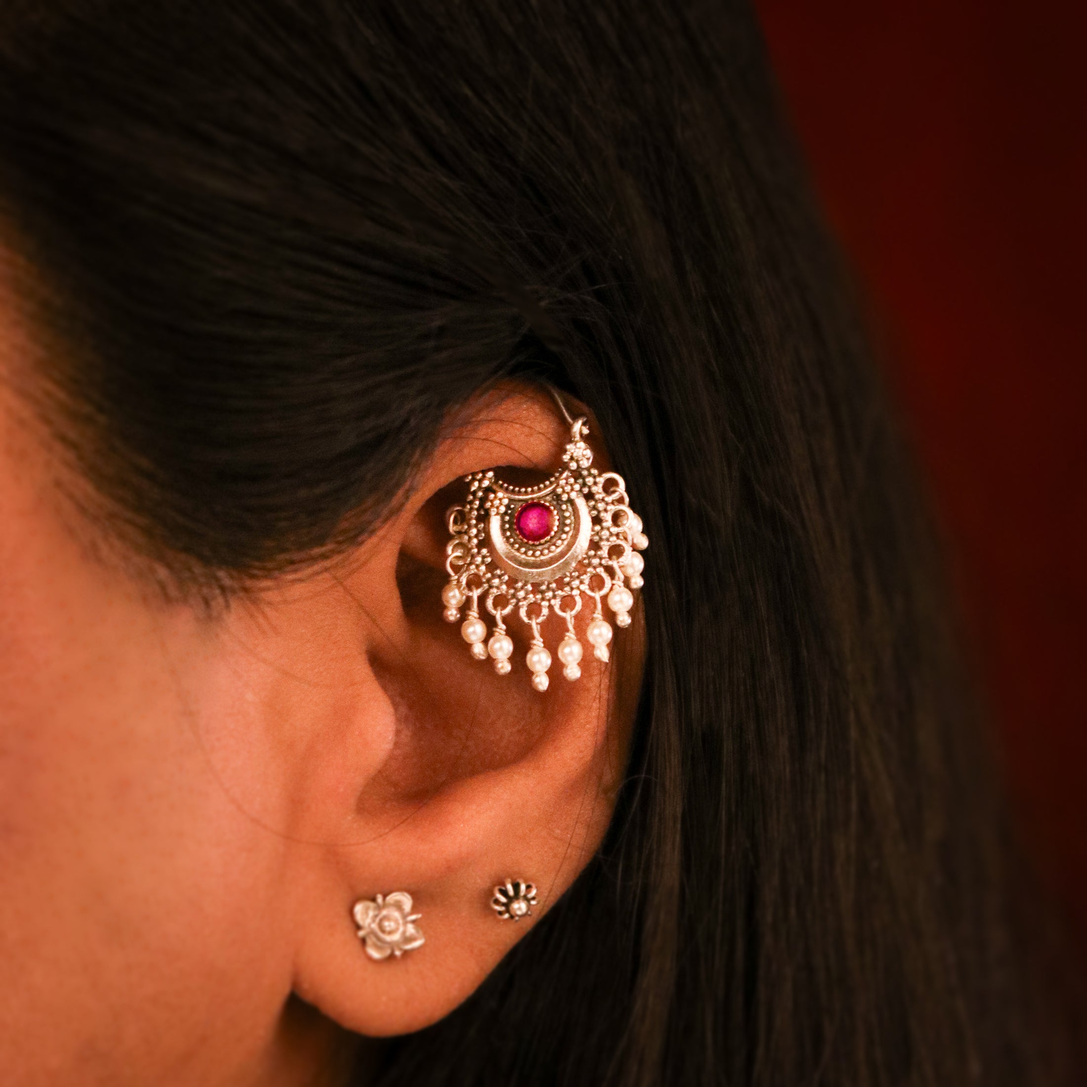 Chandbali (Small) Silver Bugadi/Earrings Pierced, (Pair, Pink & Green ) By Moha