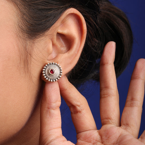 Abha Silver Stud With Pink Stone Earrings by MOHA
